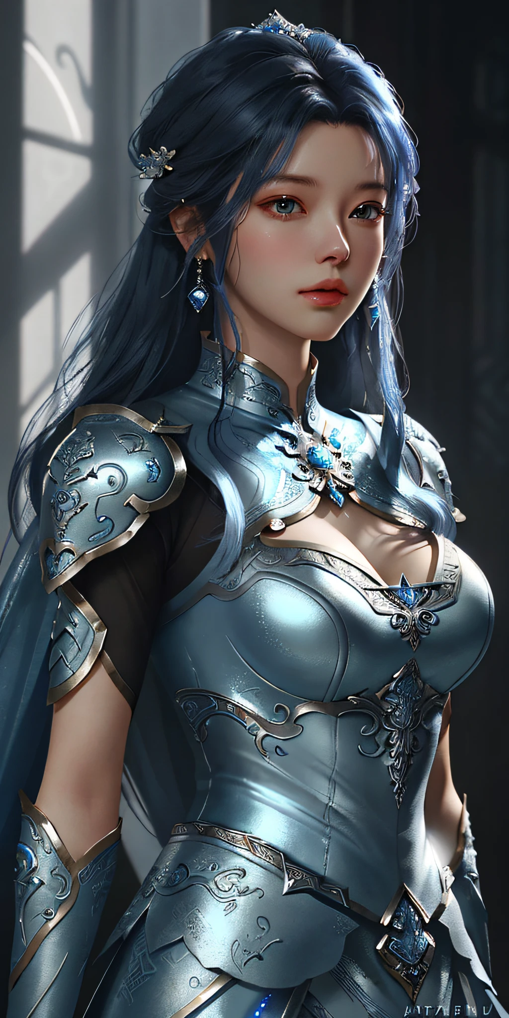 a close up of a woman in a silver and blue dress, chengwei pan on artstation, by Yang J, detailed fantasy art, stunning character art, fanart best artstation, epic exquisite character art, beautiful armor, extremely detailed artgerm, detailed digital anime art, artgerm on artstation pixiv, armor girl