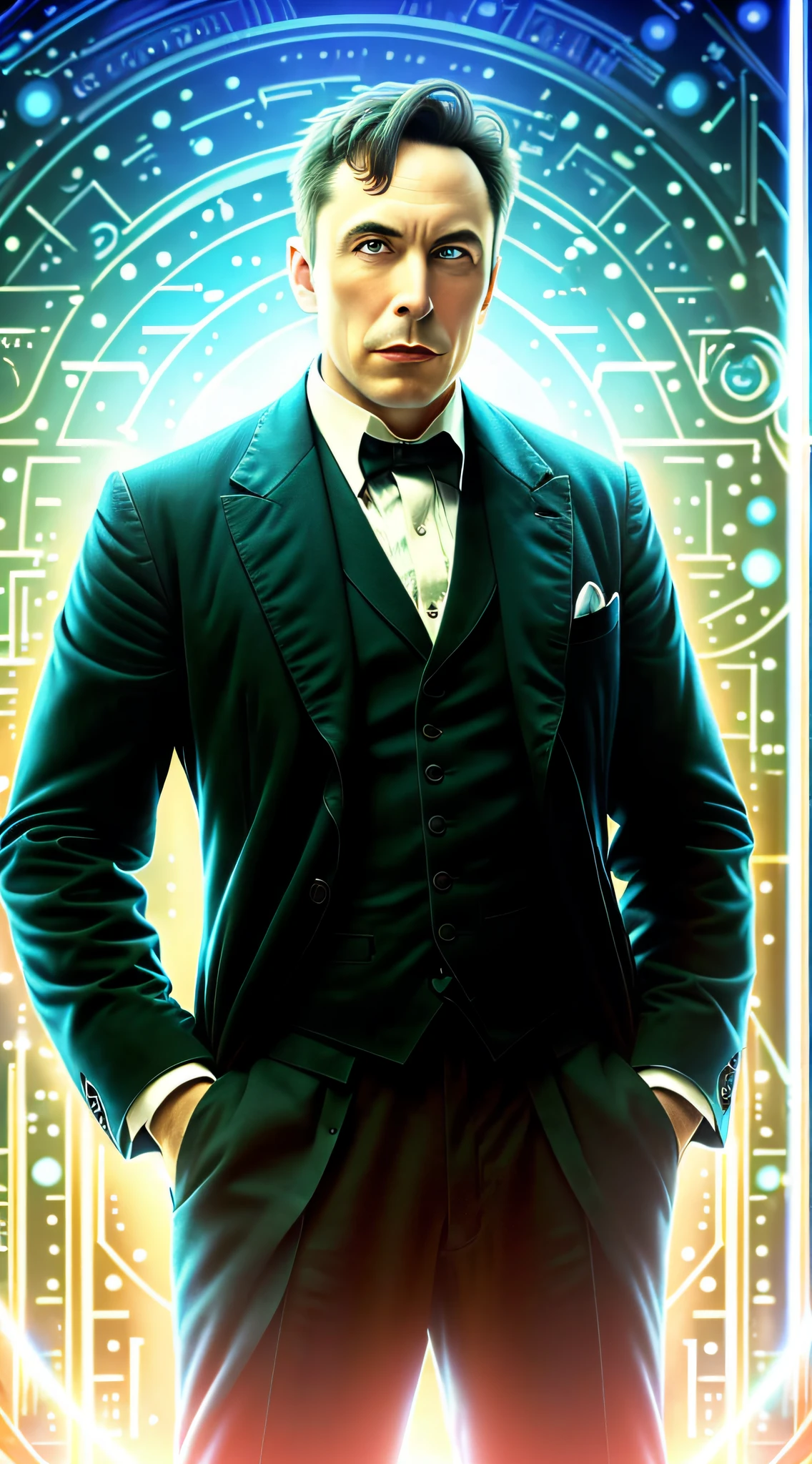 "Nicolas Tesla in firm pose looking directly into the camera, raios de eletricidade ao fundo, displaying a thoughtful and inquisitive expression, highlighting his famous inventions and scientific contributions to humanity."