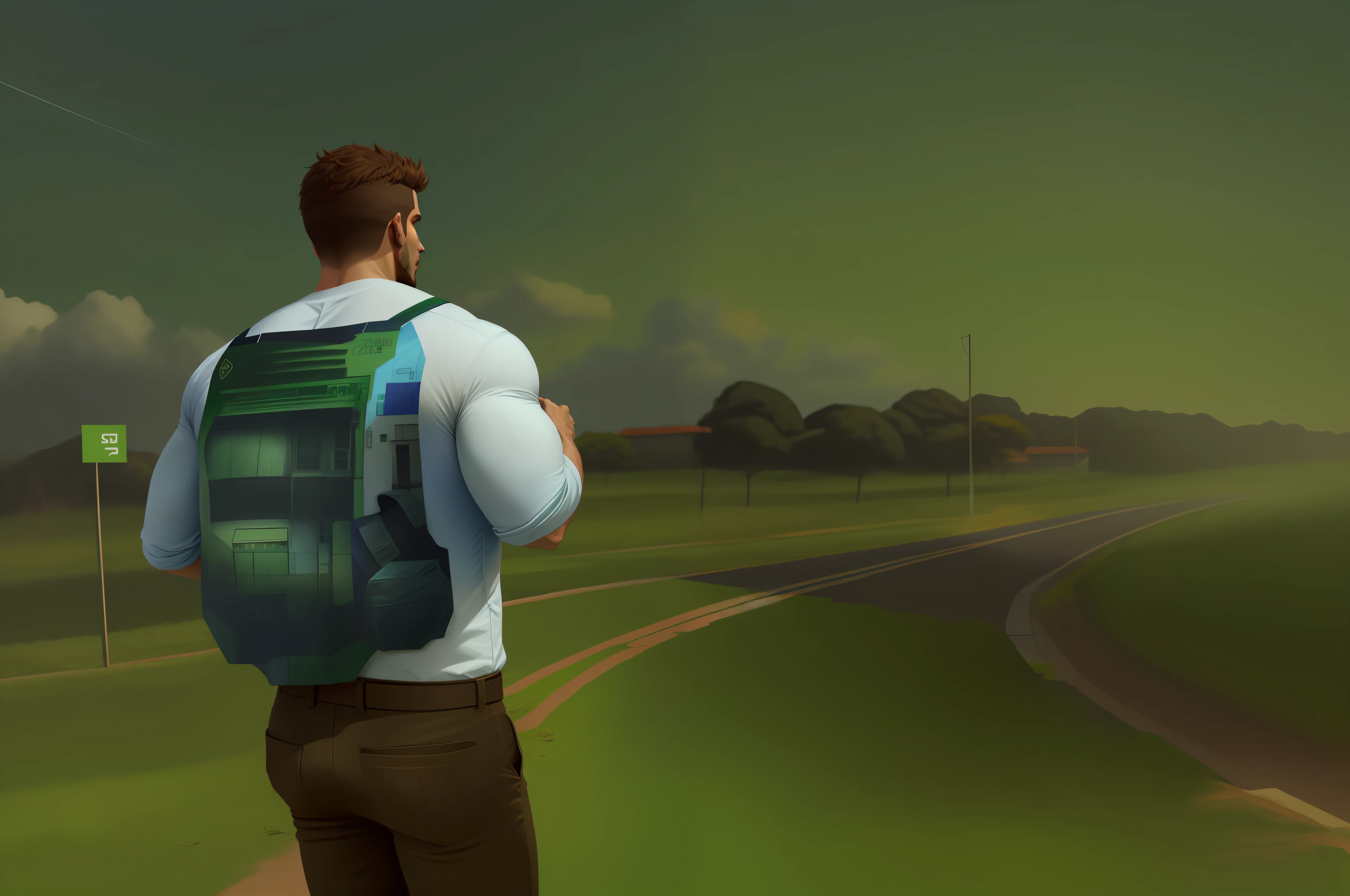 Homem forte com camisa verde, blue skies, dia