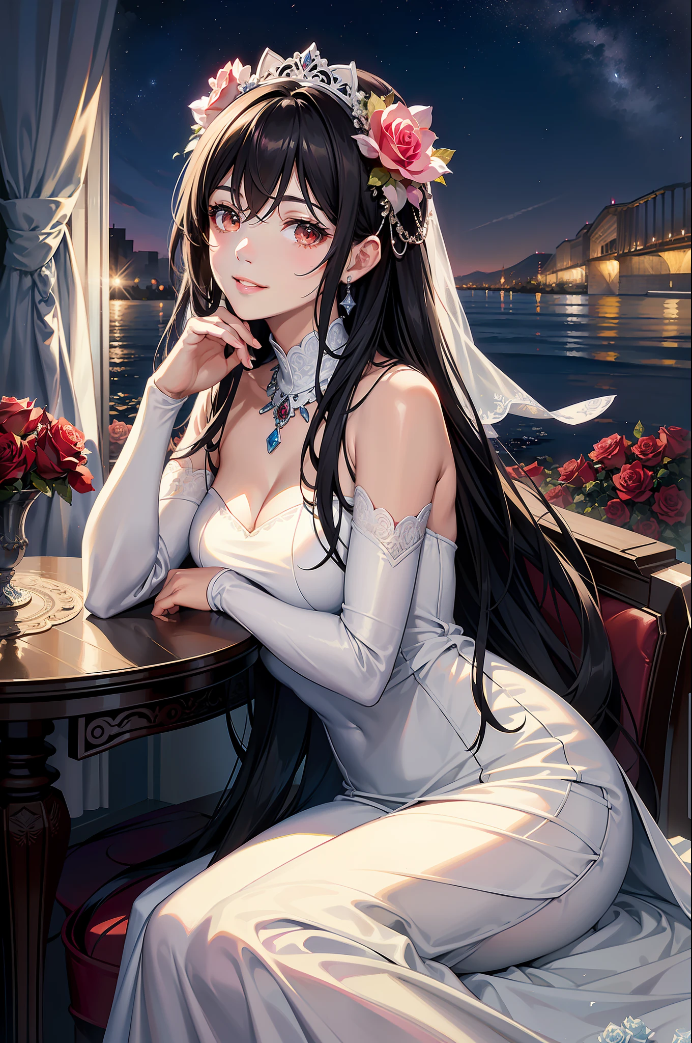 (A Masterpiece, BEST QUALITY, Highest grade, Official Art, aesthetic:1.2), (1 Mature girl(Rose):1.3), Straight long hair, brown Hair, Very fine, portrait、, Watching the viewer, one person, (fulllllbody:0.6), detailed background, crose up, Luminous eyes, Pale pink lips, soft lips, (Cold Arctic Winter theme:1. 1), wedding dress, bride, beautiful smile, Mysterious, sitting in chair, White romantic long dress,Colorful bouquets of flowers, Jewelry curtain on background, Dark mystical lighting, shadowy, Petals flutter, Starry Night, dutch angle