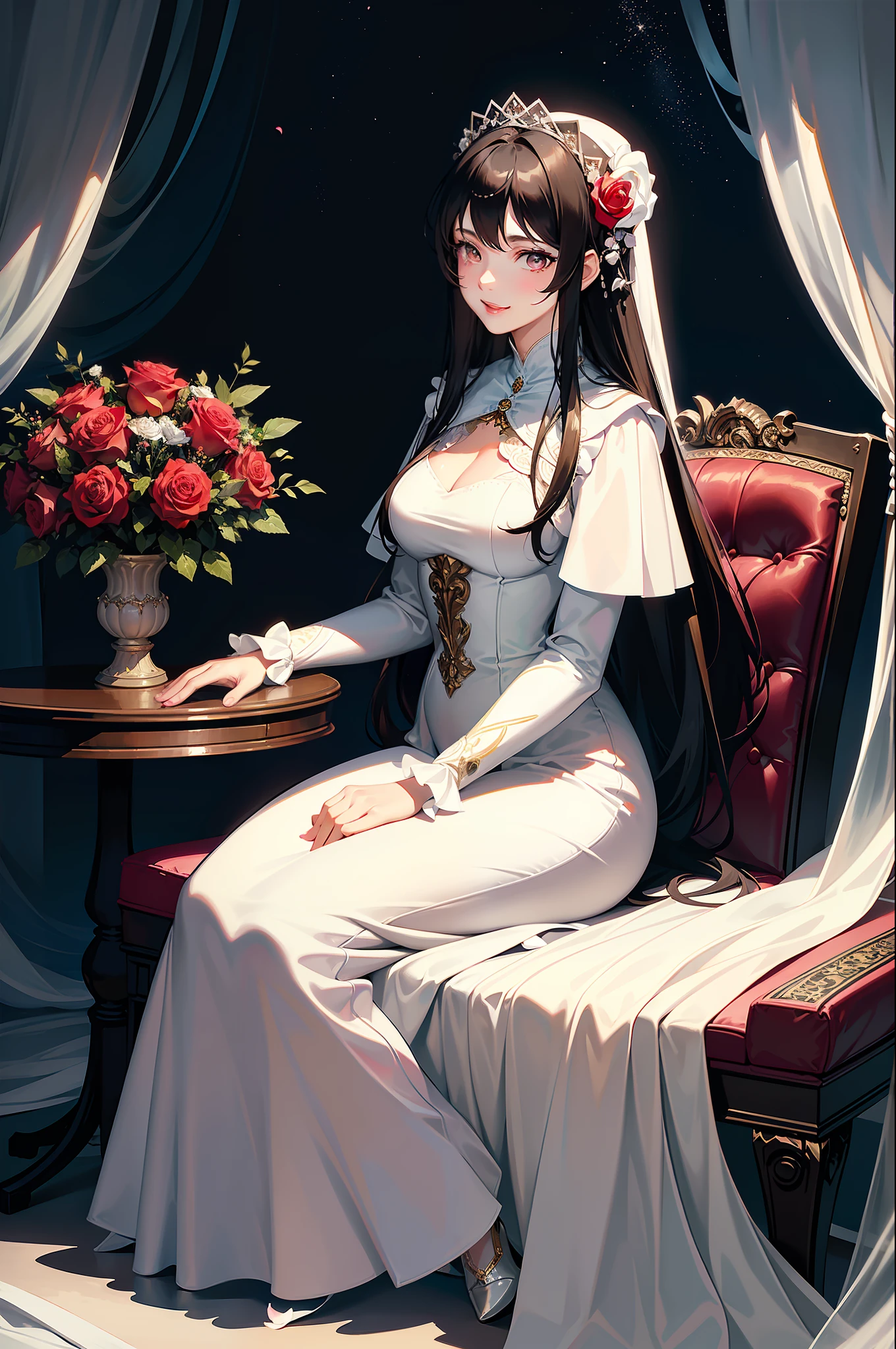 (A Masterpiece, BEST QUALITY, Highest grade, Official Art, aesthetic:1.2), (1 Mature girl(Rose):1.3), Straight long hair, brown Hair, Very fine, portrait、, Watching the viewer, one person, (fulllllbody:0.6), detailed background, crose up, Luminous eyes, Pale pink lips, soft lips, (Cold Arctic Winter theme:1. 1), wedding dress, bride, beautiful smile, Mysterious, sitting in chair, White romantic long dress,Colorful bouquets of flowers, Jewelry curtain on background, Dark mystical lighting, shadowy, Petals flutter, Starry Night, dutch angle