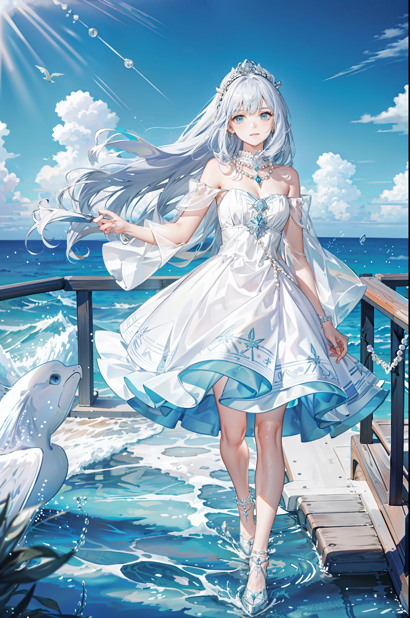 ((Best picture quality, best, girl), (dress, white crown, necklace, pearls, accessories AND intricate details strapless), (one person, ocean, waves, sea, fish, boat#on board), ((blue Color: 1.3, sea blue, long hair, blue eyes): 1.2), headgear: 1.2, neon mystery, fantasy: 0.8, [movie lens, strong light and shadow: 1.2, glow effect])]