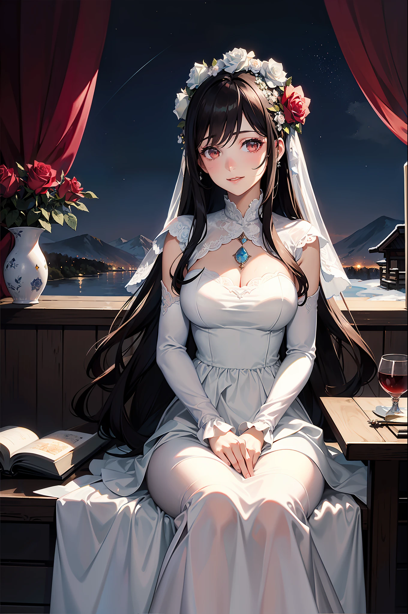 (A Masterpiece, BEST QUALITY, Highest grade, Official Art, aesthetic:1.2), (1 Mature girl(Rose):1.3), Straight long hair, brown Hair, Very fine, portrait、, Watching the viewer, one person, (fulllllbody:0.6), detailed background, crose up, Luminous eyes, Pale pink lips, soft lips, (Cold Arctic Winter theme:1. 1), wedding dress, bride, beautiful smile, Mysterious, sitting in chair, White romantic long dress,Colorful bouquets of flowers, Jewelry curtain on background, Dark mystical lighting, shadowy, Petals flutter, Starry Night, dutch angle