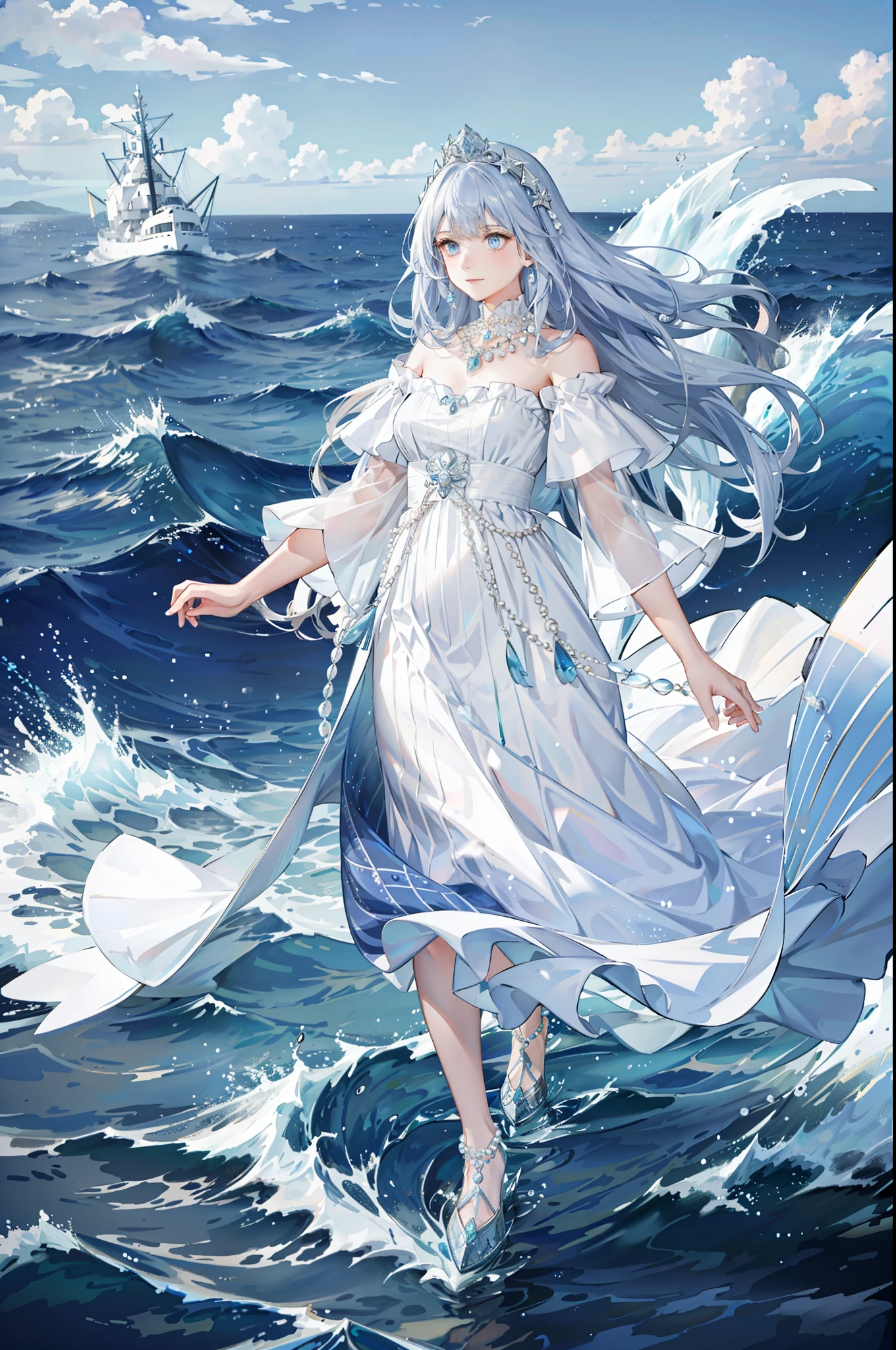 ((Best picture quality, best, girl), (dress, white crown, necklace, pearls, accessories AND intricate details strapless), (one person, ocean, waves, sea, fish, boat#on board), ((blue Color: 1.3, sea blue, long hair, blue eyes): 1.2), headgear: 1.2, neon mystery, fantasy: 0.8, [movie lens, strong light and shadow: 1.2, glow effect])]