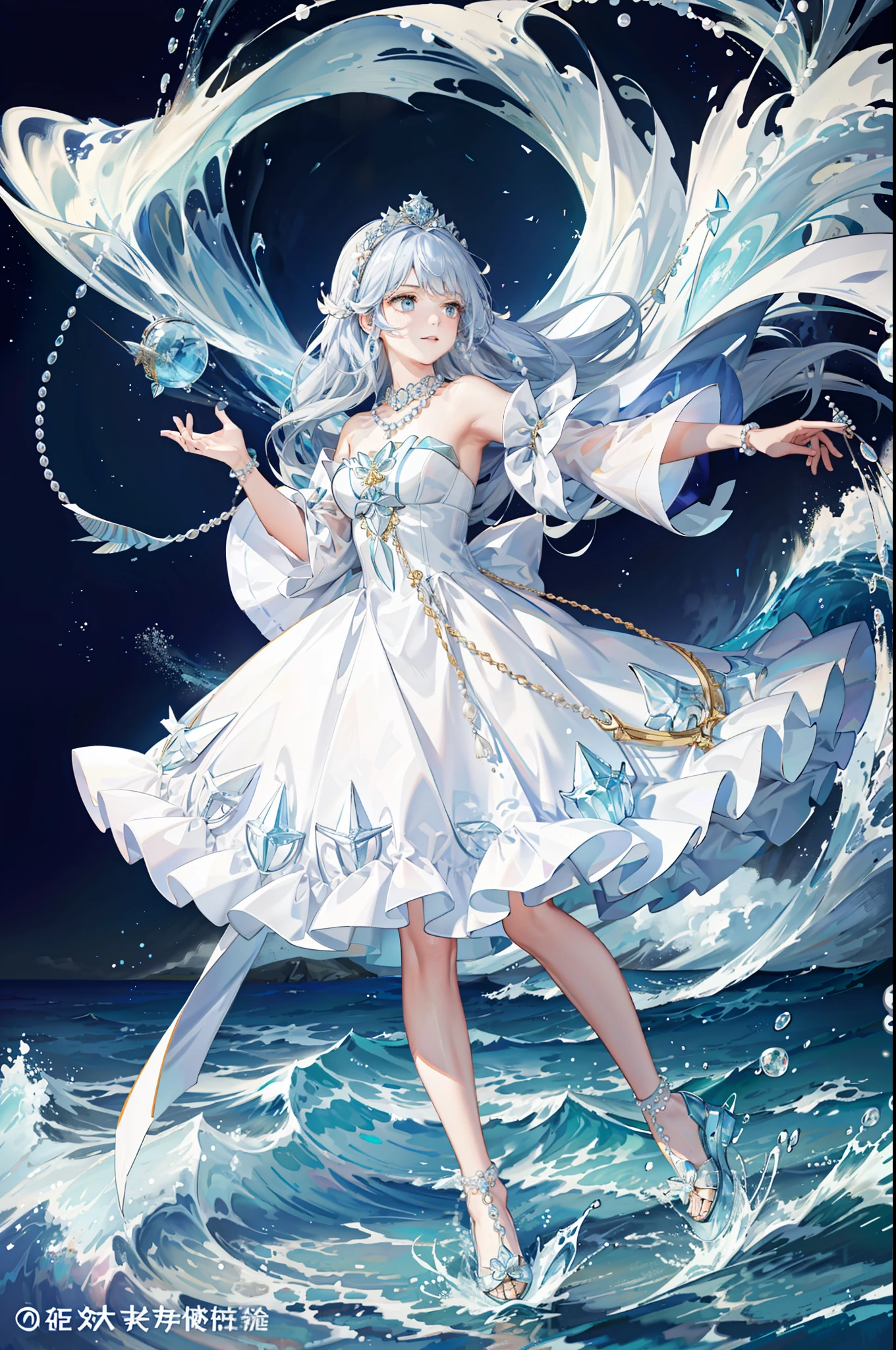 ((Best picture quality, best, girl), (dress, white crown, necklace, pearls, accessories AND intricate details strapless), (one person, ocean, waves, sea, fish, boat#on board), ((blue Color: 1.3, sea blue, long hair, blue eyes): 1.2), headgear: 1.2, neon mystery, fantasy: 0.8, [movie lens, strong light and shadow: 1.2, glow effect])]