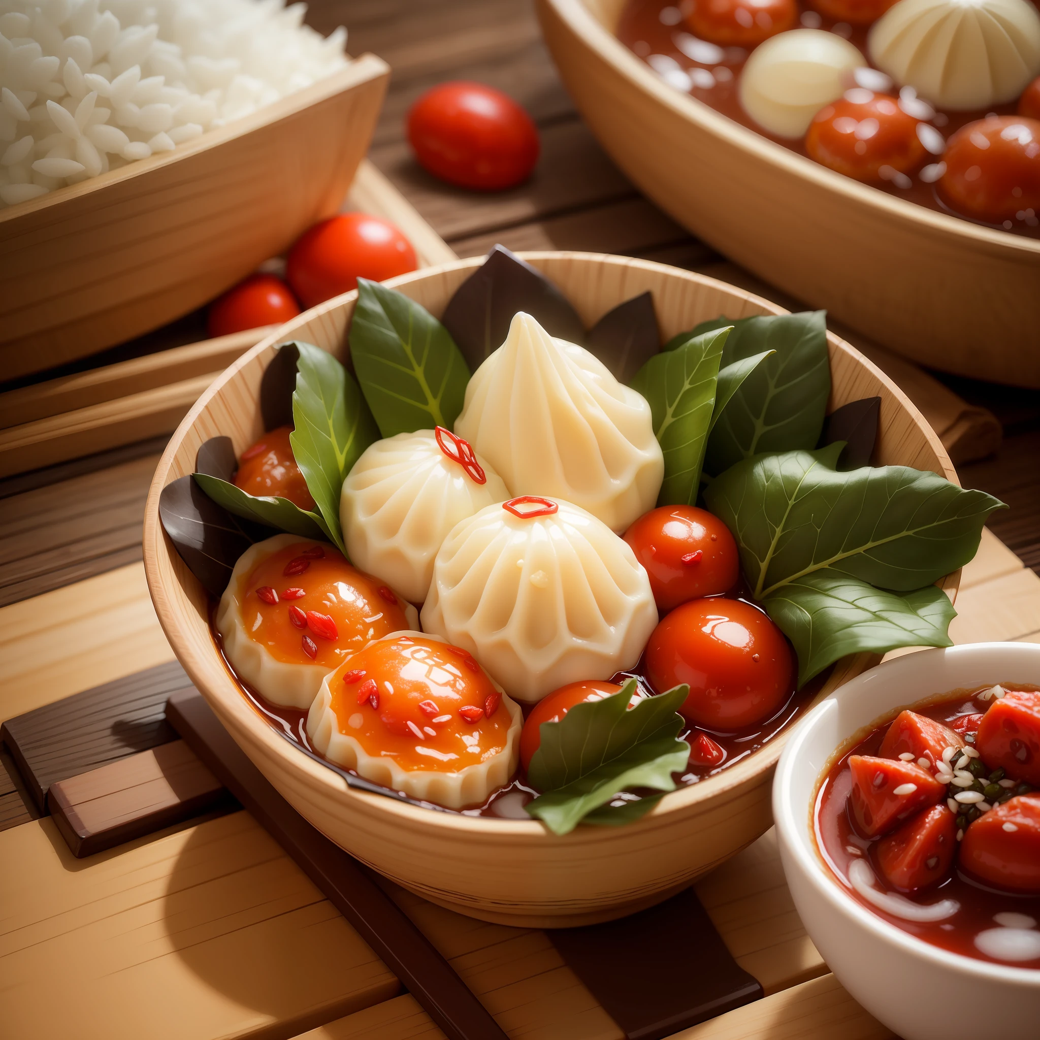 (extreme details,Perfect image quality)rice dumpling,Food,Dessert,Traditional cuisine,Dignified and elegant,Origami dumplings,Salted rice dumplings,Sweet rice dumplings,glutinous rice,Green leaves entangled,Pearl bean paste,Red dates and goji berries,Fresh minced meat,Conscience price,Old,Internet celebrity store,Traditional craftsmanship,Work up an appetite。