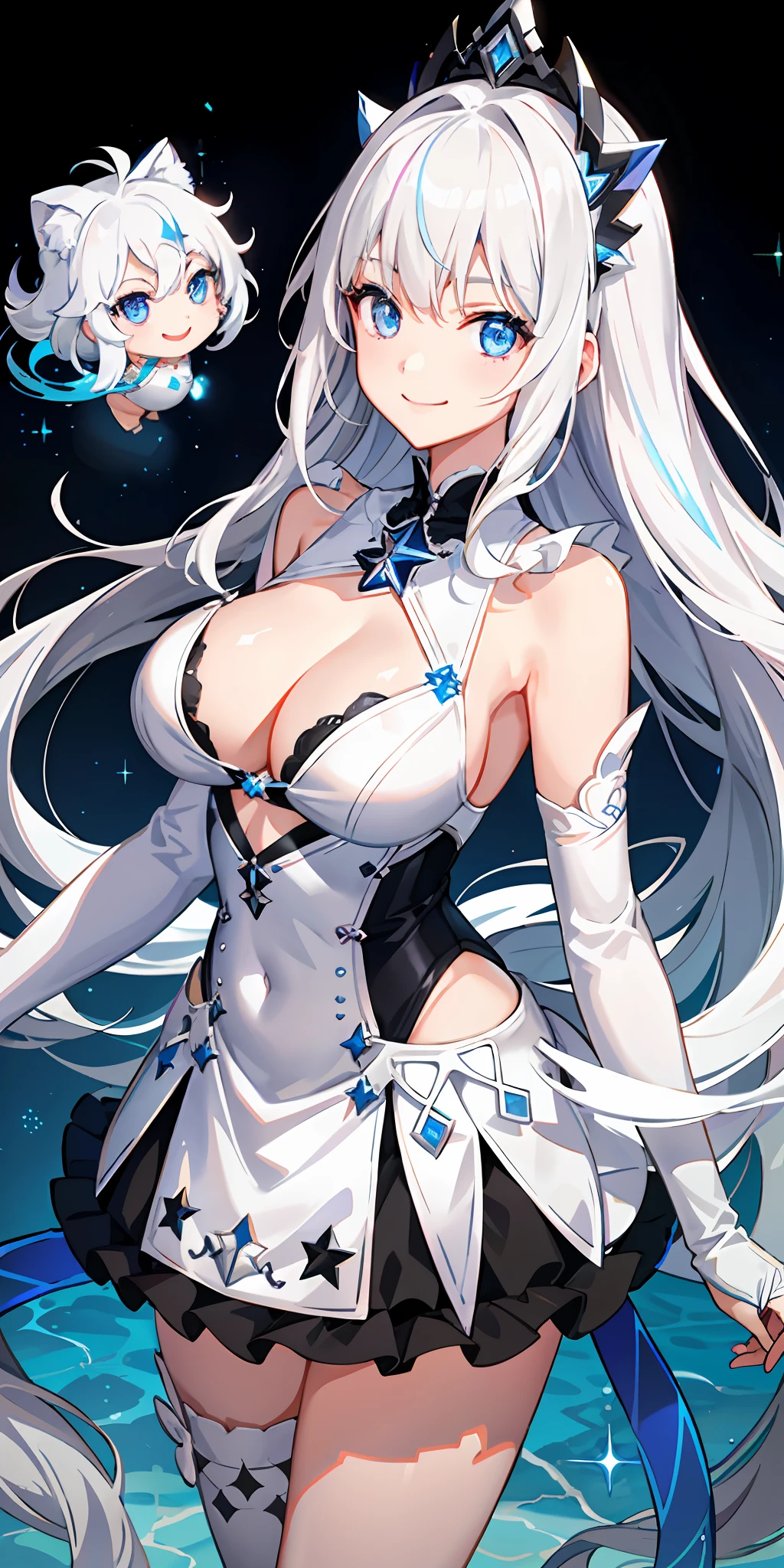 a 1girl、Bright、Silver-white haired、Star motif、multicoloured hair、Blue eyes、Sareme、Mask on the head、Sidelight、Particles of light、wallpapers、Big Boobs、Idol、bswimsuit、Loose fluffy、quiet、smiling smile