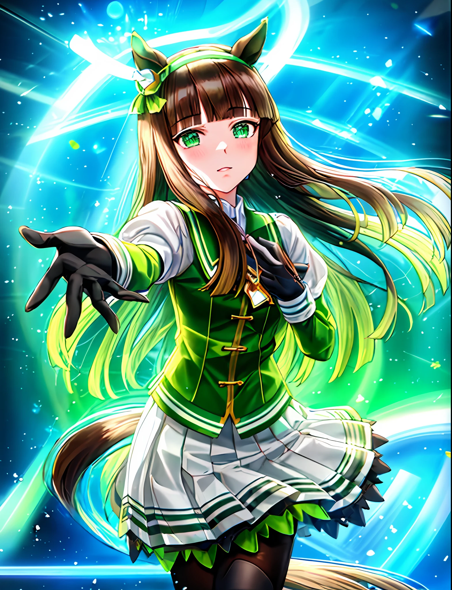(umamusume),horse ears, (masterpiece), realistic, beautiful face, sunlight, cinematic light, a beautiful woman, beautiful eyes, between eyes, perfect anatomy, very cute, princess eyes , (full body wide angle), sad expression, light brown hair, long hair, green eyes, straight bangs, white headband, (green horse ears), Round yellow and green earrings on the right horse ear, white school uniform with green lines, green collar, green long sleeve, pleated skirt, black tights, small bust, black gloves, Centered image, stylized, bioluminescence, 8 life size, 8k Resolution, human hands, wonder full, elegant, approaching perfection, dynamic, highly detailed, character sheet, concept art, stunningly beautiful 20 years old girl, detailed hairstyle, game cg, master piece, anime ear, horse tail, horse girl, Highest grade, Fine art, 1 woman,