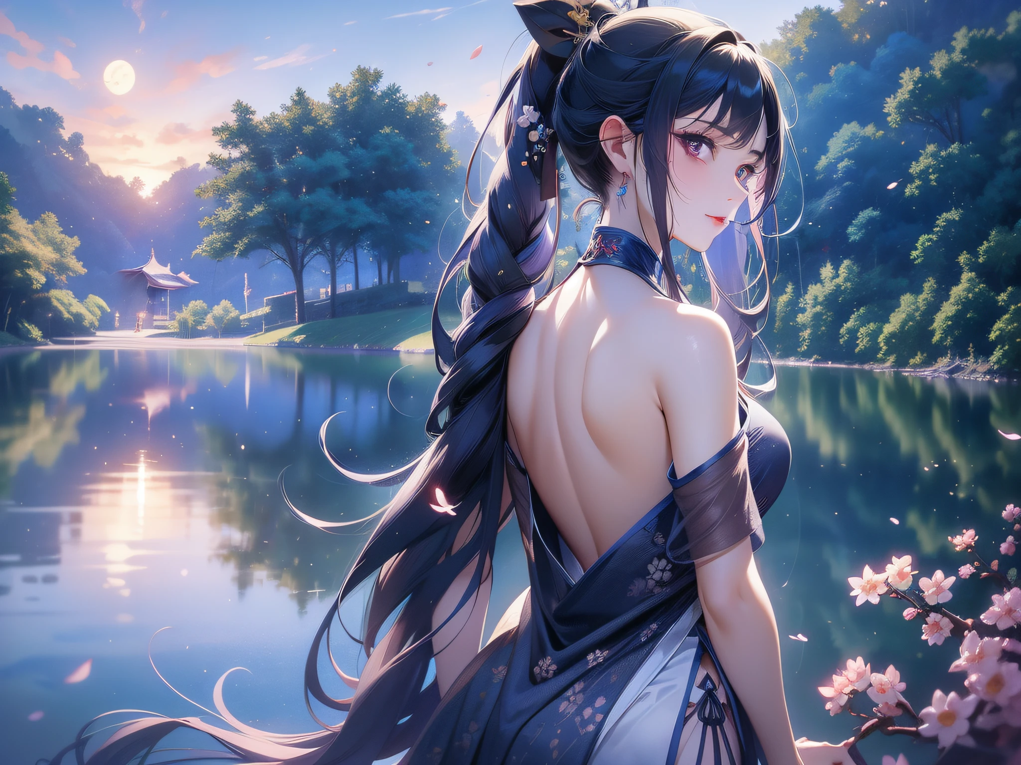 solo, beautiful female, wuxiaworld, Ancient Chinese Articles of Clothing, ancient customs, wind blow, blossom, pond, night, moon relection in the pond, blue hair, purple hair, ponytail, long hair, lonely, gradient hair, black hair, silver hair, long hair, ray tracing, reflection light, depth of field, from behind, multiple views, panorama, masterpiece, best quality, high details, high quality, ccurate, textured skin, UHD
