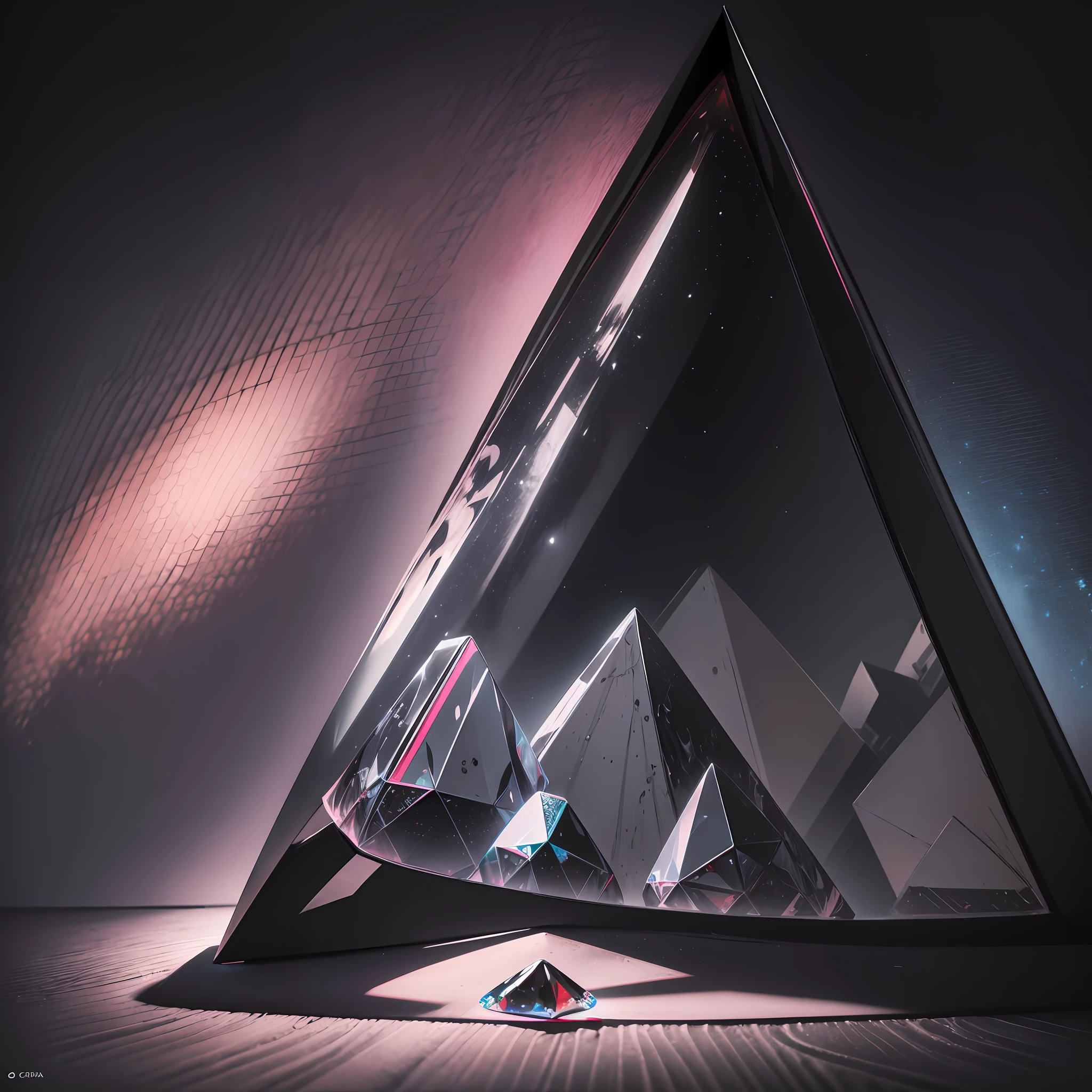 Floyd cor-de-rosa, (capa de álbum the dark side of the moon), glass triangle, color scattering, 8k ultra hd, realista, fundo preto, noite, preto dominante, poucos detalhes --auto --s2