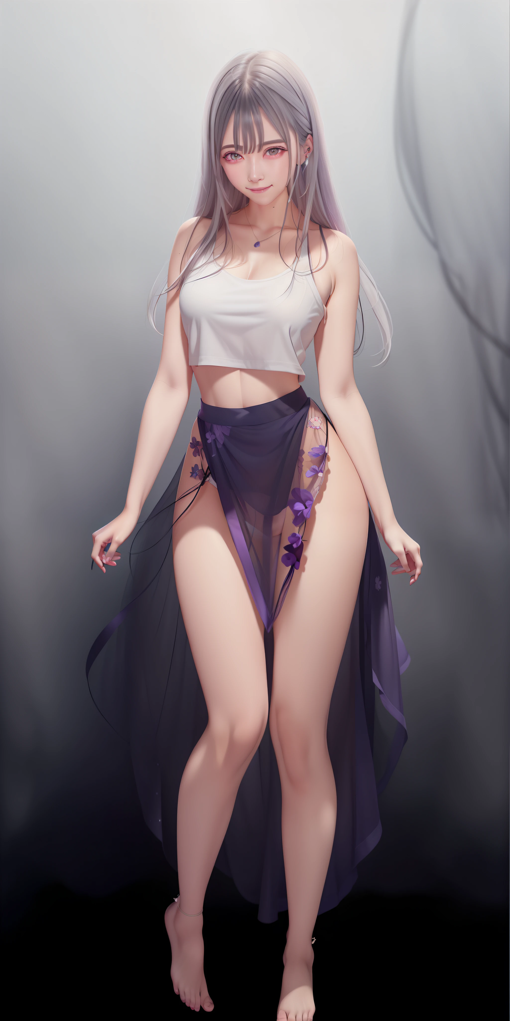 realistic, 1girl, white hair, purple eyes, glowing eyes, crop top, skirt, parted lips, blush, night, flowers, sun, sunlight,