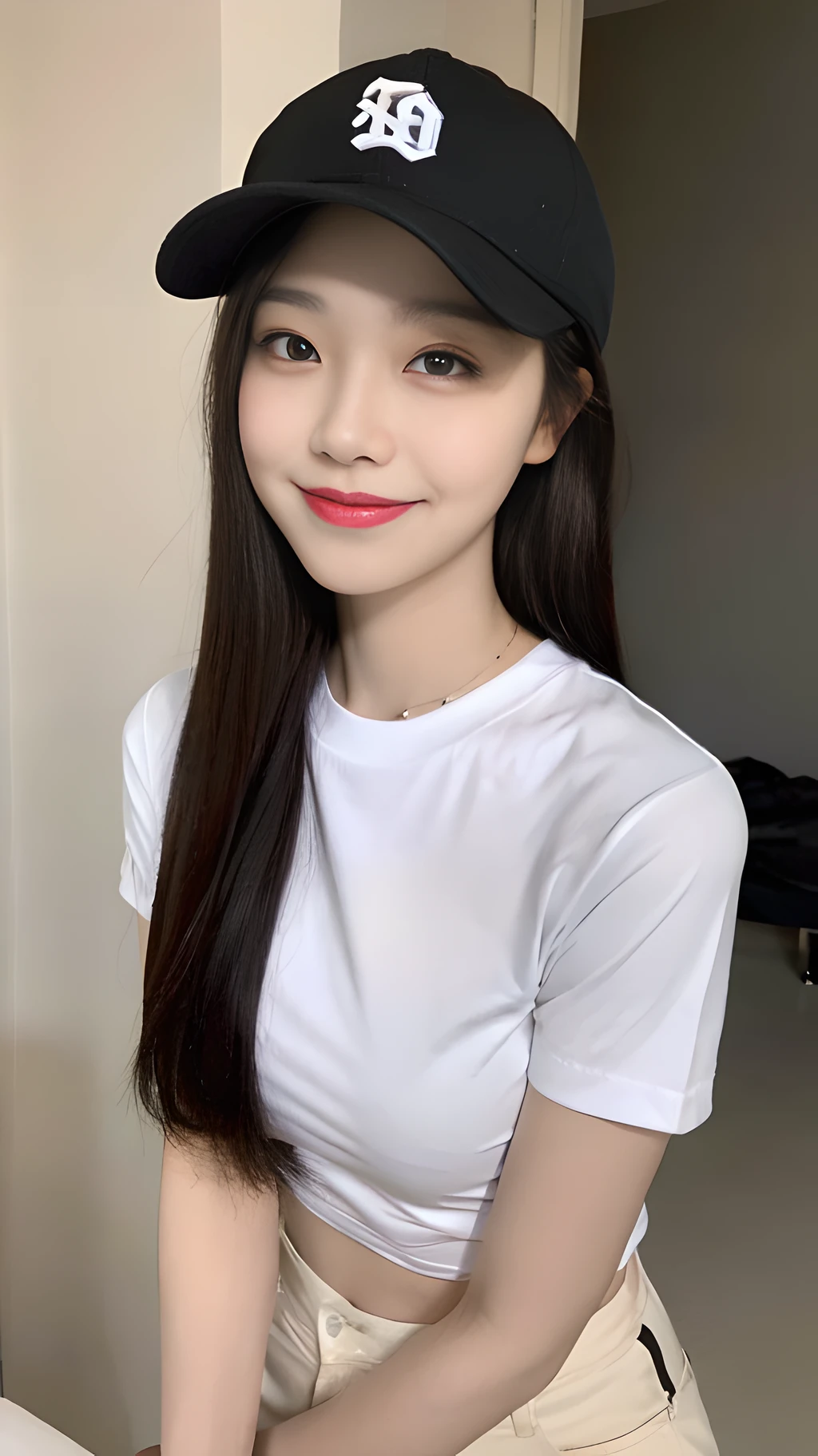 ((Best Quality, 8K, Masterpiece: 1.3)), (Baseball Cap: 1.3), Focus: 1.2, Perfect Body Beauty: 1.4, Buttocks: 1.2, (Layered Haircut: 1.2), (Dark Street: 1.3), Highly Detailed Face and Skin Texture, Full Body, Fine Eyes, Double Eyelids, Whitened Skin, Long Hair, (Round Face: 1.5), (Short Sleeves, Shorts: 1.6). smile