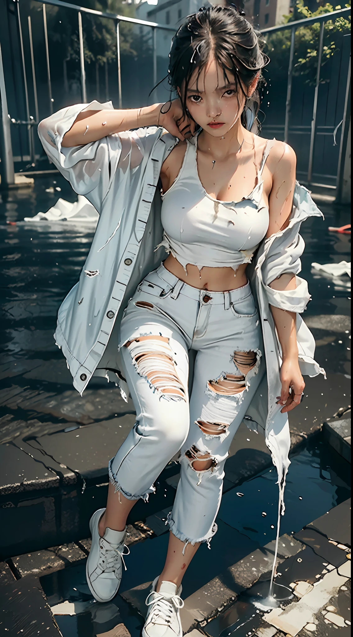 best image quality, masterpiece, super high resolution, (fidelity:1.4), photo, 1 girl, white shirt, torn jeans, white sneakers, dim, darkness, despair, pity, poor, movie, tears, teardrops, (torn clothes:1.5), (wet clothes:1.4), bare shoulders, real rain, wet hair,..
