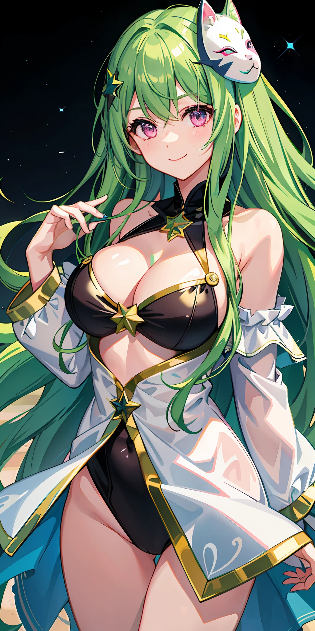 a 1girl、Bright、Dark green hair、Star motif、multicoloured hair、pink eyes、Sareme、Mask on the head、Sidelight、Particles of light、wallpapers、Big Boobs、voluptuous　Idol、bswimsuit、Loose fluffy、quiet、smile face