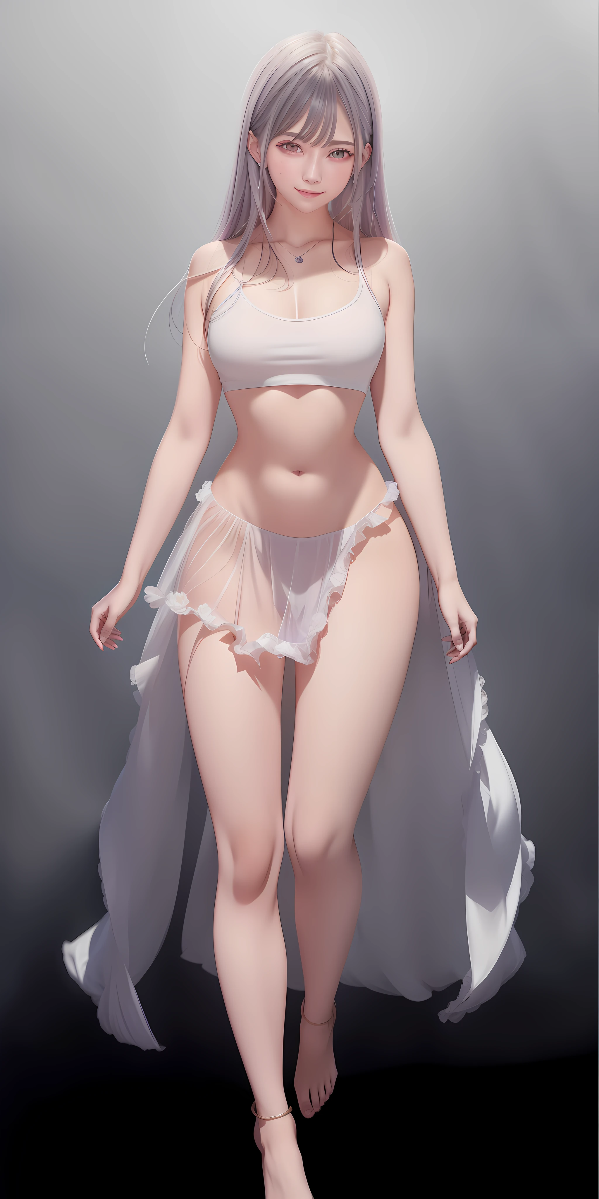 realistic, 1girl, white hair, purple eyes, glowing eyes, crop top, skirt, parted lips, blush, night, flowers, sun, sunlight,