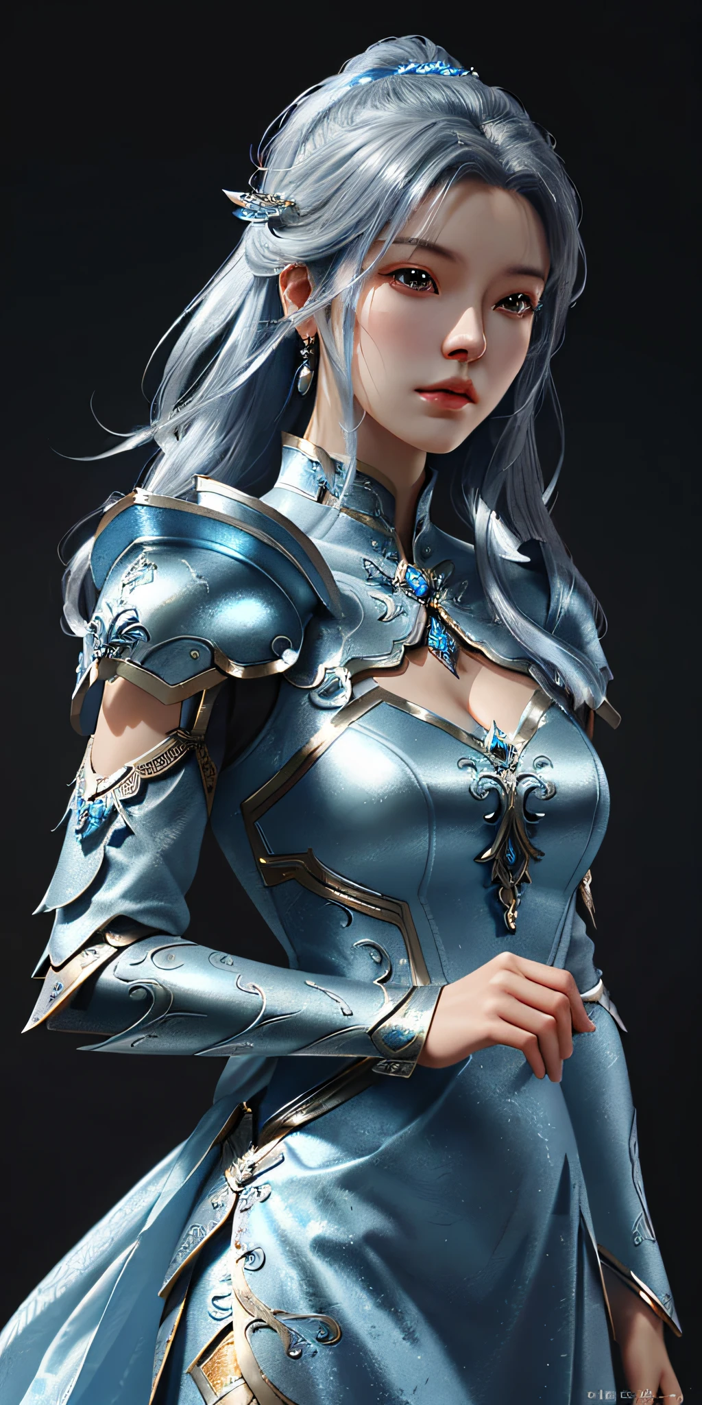 a close up of a woman in a silver and blue dress, chengwei pan on artstation, by Yang J, detailed fantasy art, stunning character art, fanart best artstation, epic exquisite character art, beautiful armor, extremely detailed artgerm, detailed digital anime art, artgerm on artstation pixiv, armor girl