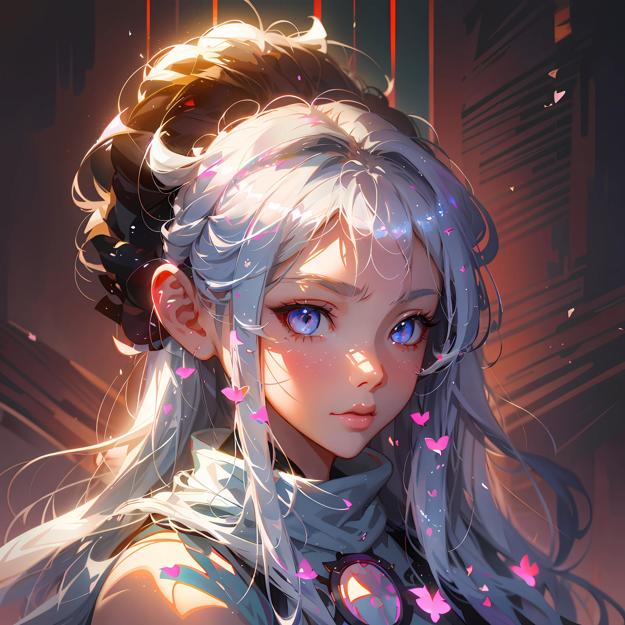 anime girl with long white hair and blue eyes with pink flowers, artwork in the style of guweiz, rossdraws portrait, beautiful anime portraits, guweiz on pixiv artstation, Ross Tran 8 K, guweiz on artstation pixiv, detailed digital anime art, stunning anime face portrait, digital anime illustration, ross tran style, inspired by Ross Tran