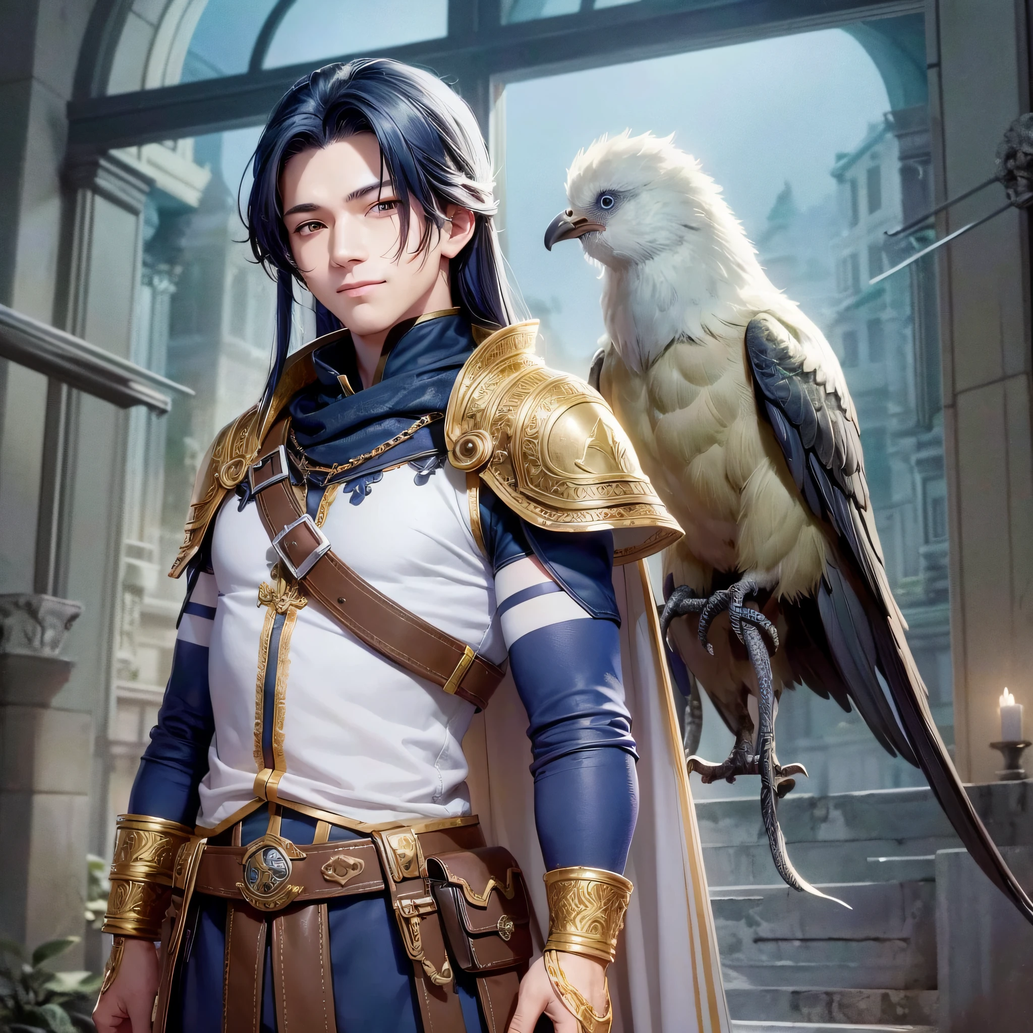 bestquality、1boy、solo、extremely detailed male character、highly detailed fantasy adventure outfit、Ascension of men、muscular men、long Hair、looks at the viewer、smile、Big bird、Vulture、complicated、abandoned architecture --auto --s2
