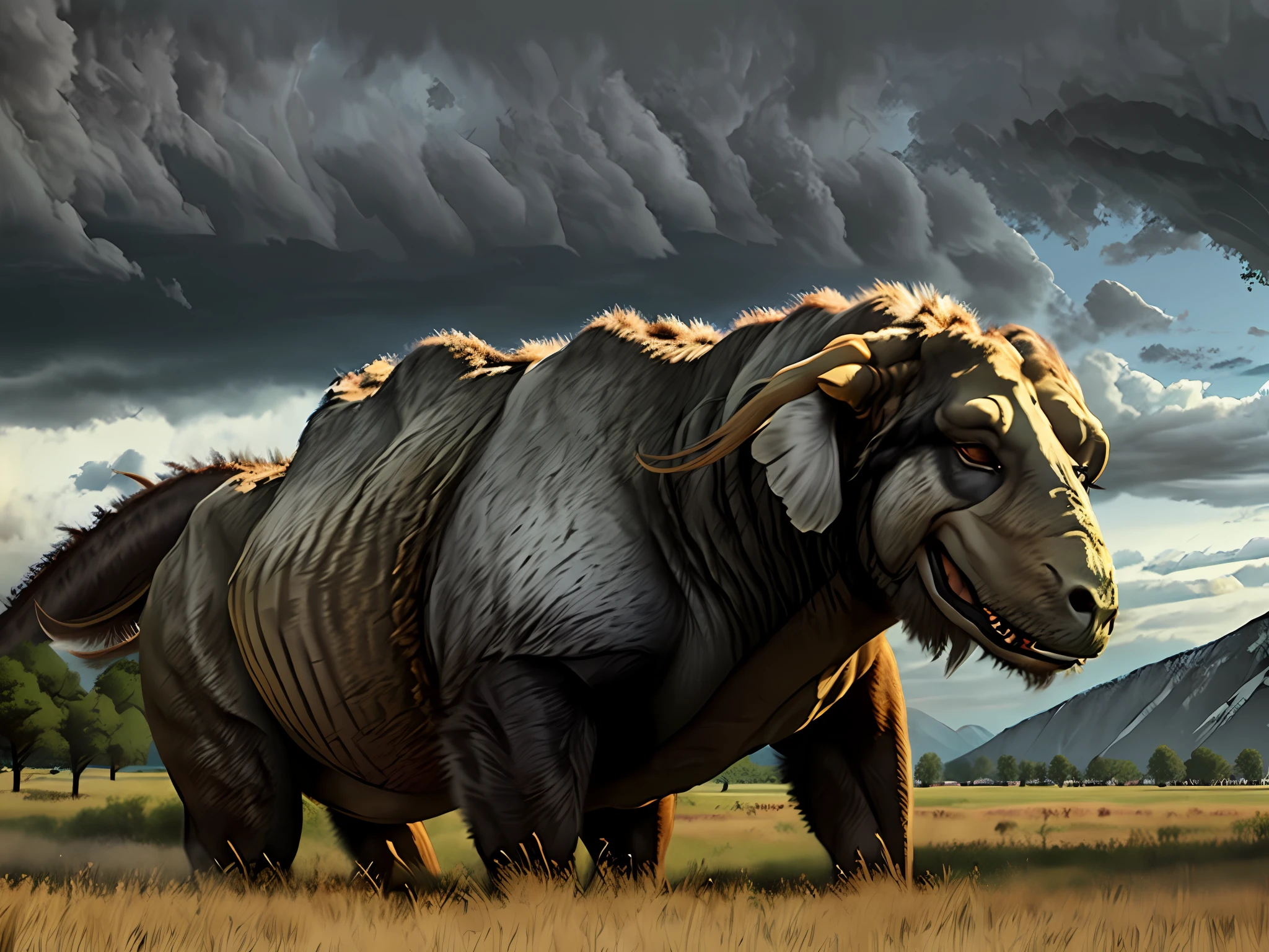 Draw giant and furry prehistoric mammoth neem shadowy valley and dense and sinister clouds
