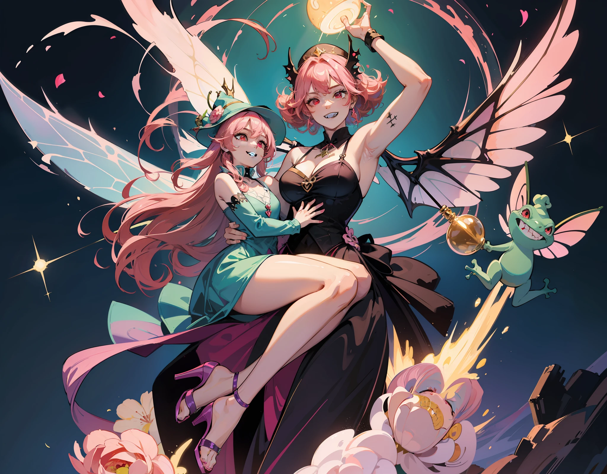 amazing women, strong arm, masterpiece, buff, fairy wings, frog tattoo, magic wand, wizard hat, vampire teeth, potion bottle, asking for hug, high heel shoes, arms open, pink hair, gentle smile, curly hair, red eyes, pretty face, ugly feet