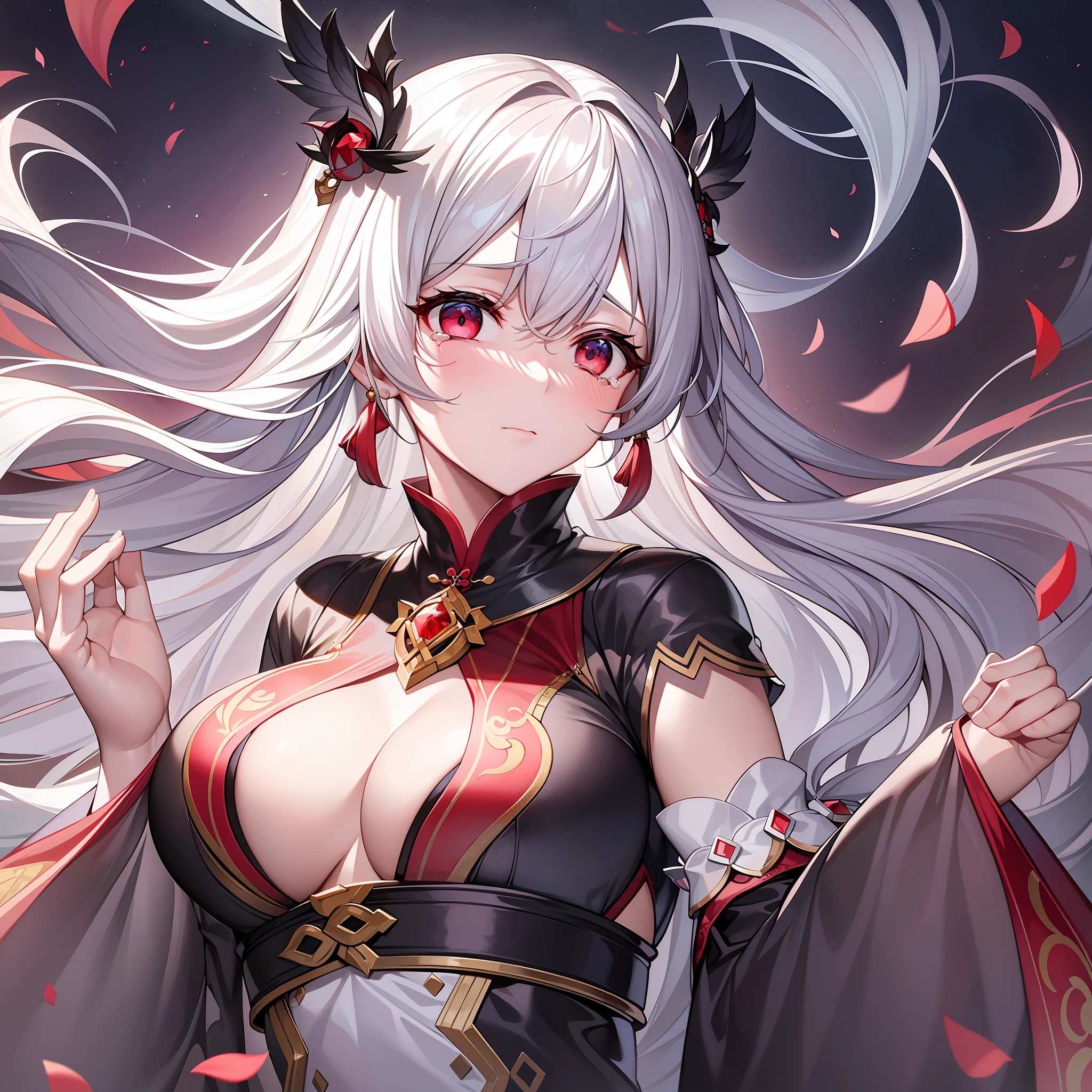 In the midst of this magnificent and ancient court,A white-haired female emperor of the white fox tribe who is wiping her tears appears in the center of the picture。
She wore a gorgeous white dress,Hair and drooping long sleeves dance softly in the wind。But her face was covered with tears,His eyes were filled with sadness and despair。She held a piece of paper in her hand,The contents of the paper made her feel endless grief。
The color tone of the whole picture is mainly white and deep red,The strong contrast creates a solemn atmosphere。In the background is a stately palace,A faint light shone through the crimson windows。
This female emperor through her expressions and body language,It shows a fragile and sad heart。She was waving the paper in her hand,Tears couldn't help themselves from slipping down。Her eyes were confused,It seems to be silently reminiscing about something,The words written on the piece of paper in front of her brought her endless pain。
The whole picture conveys a sense of heaviness、Sadness of emotion,Let the viewer feel the endless grief and helplessness that the female emperor has lost something。With the nobility shown before、The solemn image is different,This painting shows the psychological stress and tossing and turning sleep of those in power in the face of irresistible choices and failures。