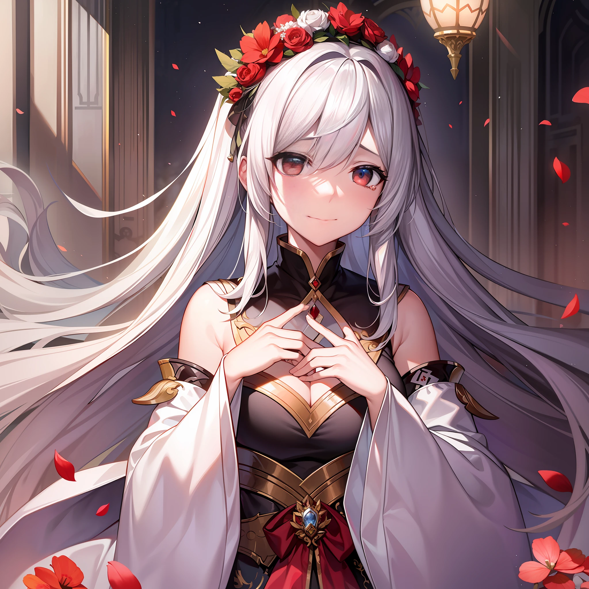 In the midst of this magnificent and ancient court,A white-haired female emperor of the white fox tribe who is wiping her tears appears in the center of the picture。
She wore a gorgeous white dress,Hair and drooping long sleeves dance softly in the wind。But her face was covered with tears,His eyes were filled with sadness and despair。She held a piece of paper in her hand,The contents of the paper made her feel endless grief。
The color tone of the whole picture is mainly white and deep red,The strong contrast creates a solemn atmosphere。In the background is a stately palace,A faint light shone through the crimson windows。
This female emperor through her expressions and body language,It shows a fragile and sad heart。She was waving the paper in her hand,Tears couldn't help themselves from slipping down。Her eyes were confused,It seems to be silently reminiscing about something,The words written on the piece of paper in front of her brought her endless pain。
The whole picture conveys a sense of heaviness、Sadness of emotion,Let the viewer feel the endless grief and helplessness that the female emperor has lost something。With the nobility shown before、The solemn image is different,This painting shows the psychological stress and tossing and turning sleep of those in power in the face of irresistible choices and failures。
