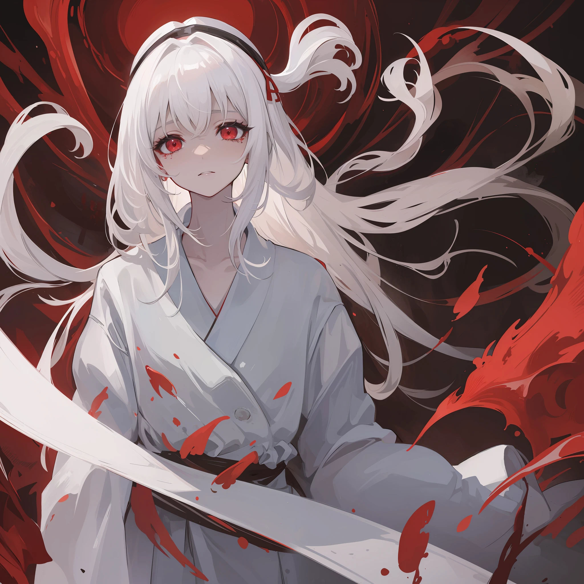 A white-haired female 25 year old with red eyes and a white robe, she crying