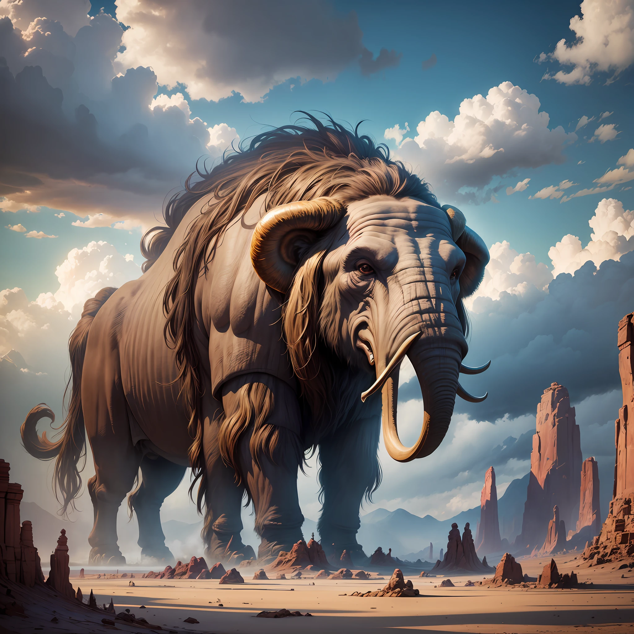 Giant mammoth in an epic and beautiful landscape, foto HDR, magical fantasy aesthetics, fotografia hiper realista, melhor qualidade, 12mm f/16, trending on Flickr --auto --s2