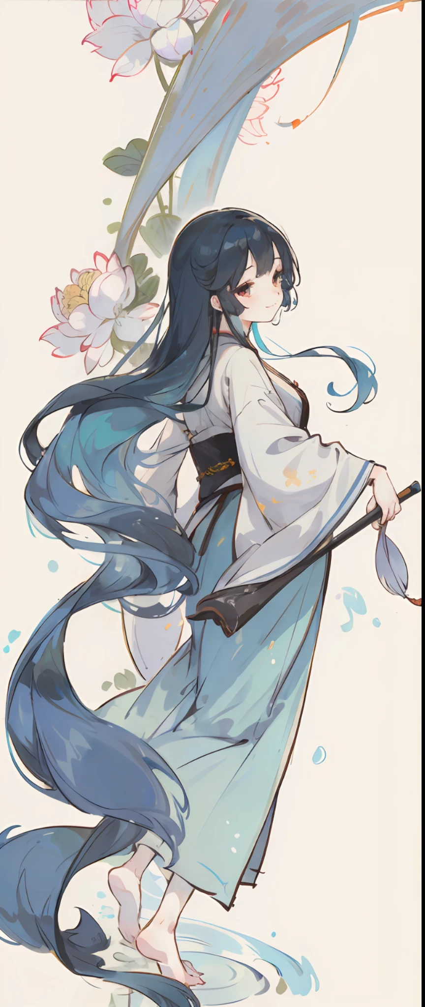 ((4k,masterpiece,best quality)), shuimobysim, traditional chinese ink painting, lotus, hanfu, maxiskit, dress conservatively 1girl, solo, long blue hair, smile, standing, feet in the water, barefoot,