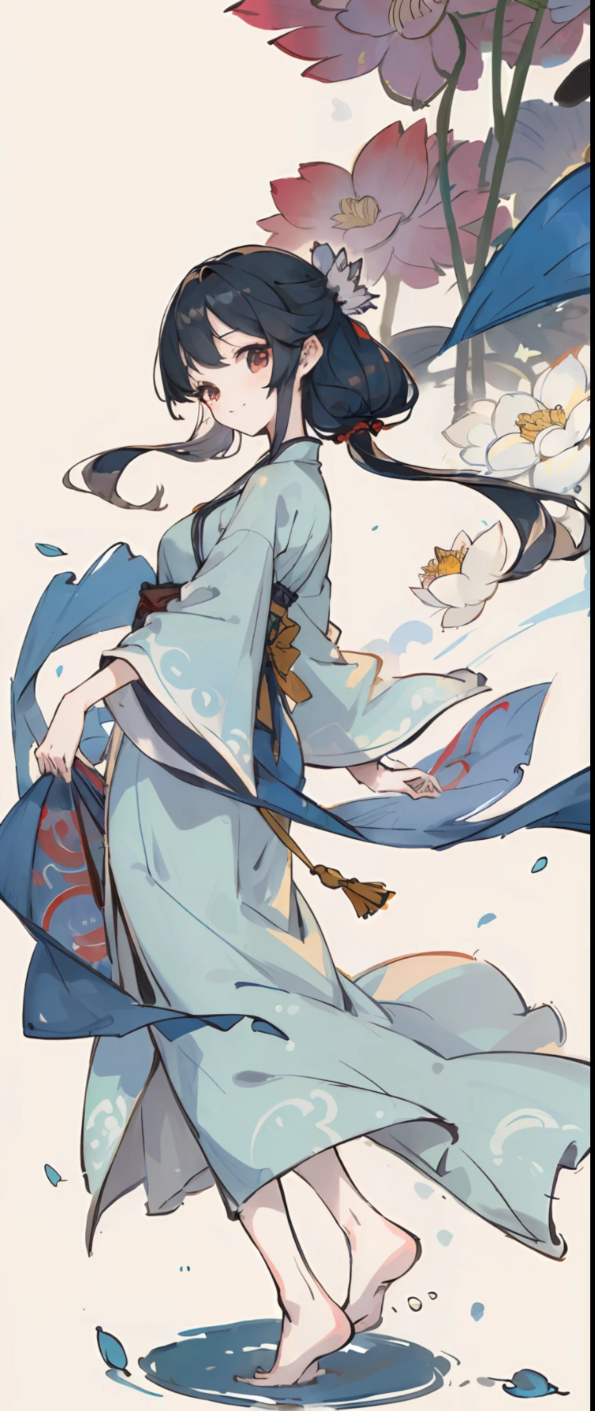 ((4k,masterpiece,best quality)), shuimobysim, traditional chinese ink painting, lotus, hanfu, maxiskit, dress conservatively 1girl, solo, long blue hair, smile, standing, feet in the water, barefoot,