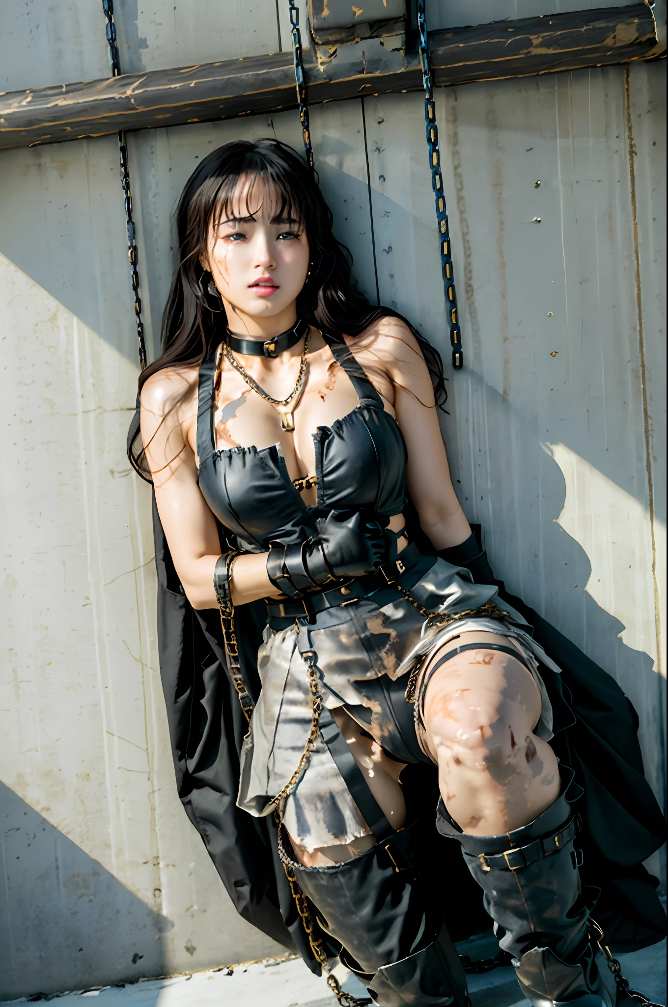- [ ] ((Hanging upside down with legs spread))、 ((Wearing a torn sheer costume of a superheroine)),((No 、No Bra))、wet crotch、wet thighs、 Beautiful girl emphasizing slender abs:1.4、((tip sticking out、the areolaudes、The shape of the pubic area is clearly visible))、six pack abs:1.4、Bust Botox、large and perfect body、photographic、Sharpness、Unique 850 4、Koda850 k Portrait Camera、 F1.6 lens、ultra-realistic textures、Magnificent light textures、Cinestil 800 Fashion Mechanics、(Futuristic sci-fi battle fashion、Elbow and knee cyberpad、Cyber Long Boots、Cyberglove:1.1)、(Fully tied with a chain)、restraints、Slave、Choker、disdain、((Tears flow、Crying in pain))、sweating、((Large prison with daylight))、dark fantasy、Peeling ceiling、Slab breakage、Rebar between cracks、Realistic material details、 Extreme Detail、Ultra-realistic materials、broken walls、(((Torn costume)))、WET、cloudy、((Chained))、((Big highlighted by chains))、((Chains digging into the crotch))、((Hands tied behind your back、Invisible hand))、(No pantie、No bredded costumes、Broken golden shield and battle spear、long combat boots with white knee pads、White combat gloves、Combat shoulder armor、Junkyard、There is  on the face、Blood is splattered、real、(bruise、Dirty、ripped clothing、revealing clothing、Blood:1.3)、brown Hair、hair long、Torn cloak、Torn pantyhose、Long legs、((Cin the crotch))、One leg suspended by a chain、Metallic shackles and fetters、((The crotch is suspended from the ceiling with a chain))、Both arms are hung from the ceiling with chains、Wet crotch is clearly visible、Swarovski sword and shield at the foot、Anatomical、(Futuristic sci-fi battle fashion、Cracked elbow and knee cyberpad、Torn Cyber Long Boots、Torn Cyber Globe:1.1)、(((Inverted Y-shaped balance pose with both wrists and left leg bound)))、((The left leg extends straight up without bending the knee))