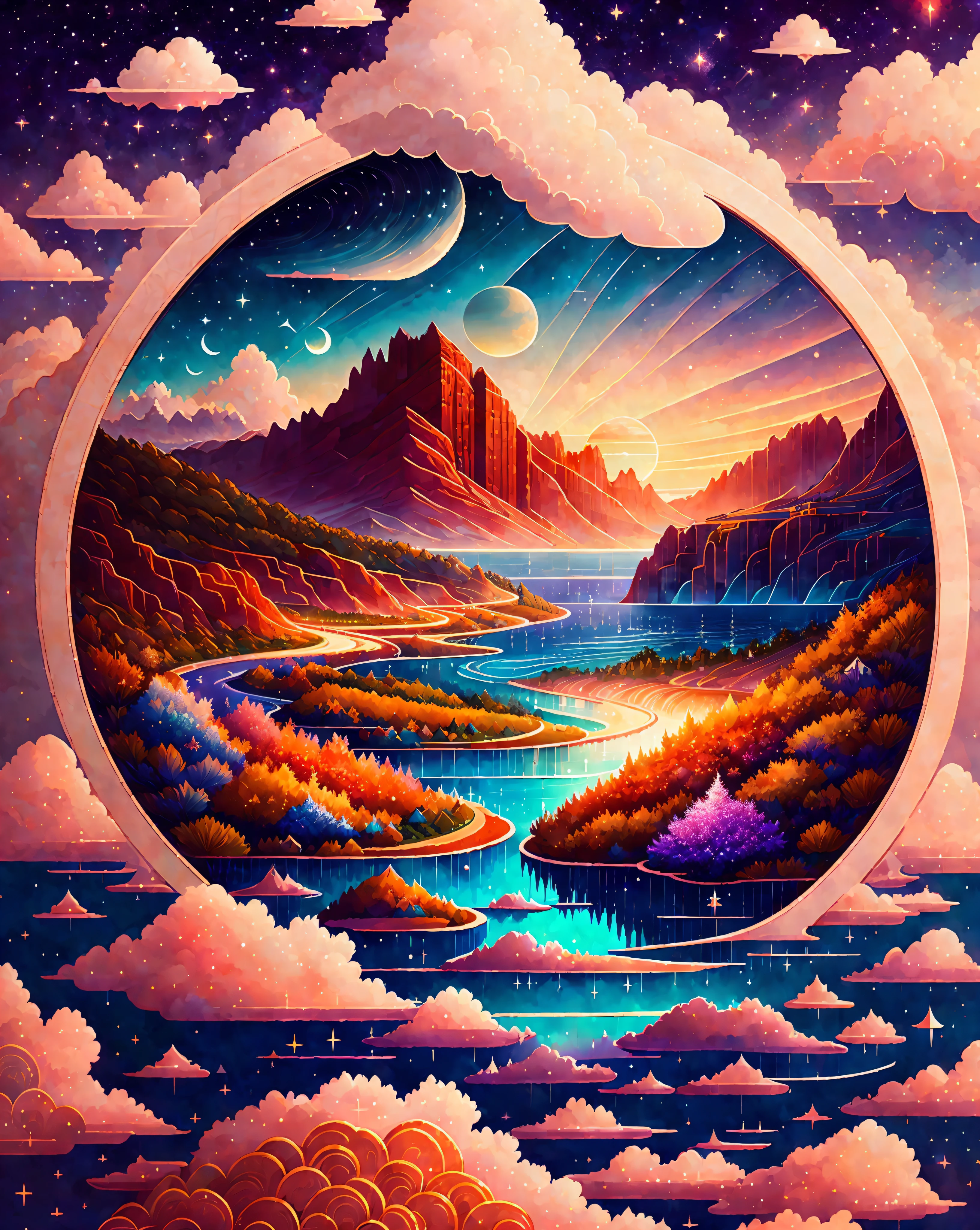 A beautiful land full of water and and clouds, intricate, masterpiece, expert, insanely detailed, 4k, compositing, centered, painted, intricate, volumetric lighting, beautiful, rich deep color masterpiece, sharp focus, ultra detailed, no style by dan mumford and marc simonetti astrophotography vector print