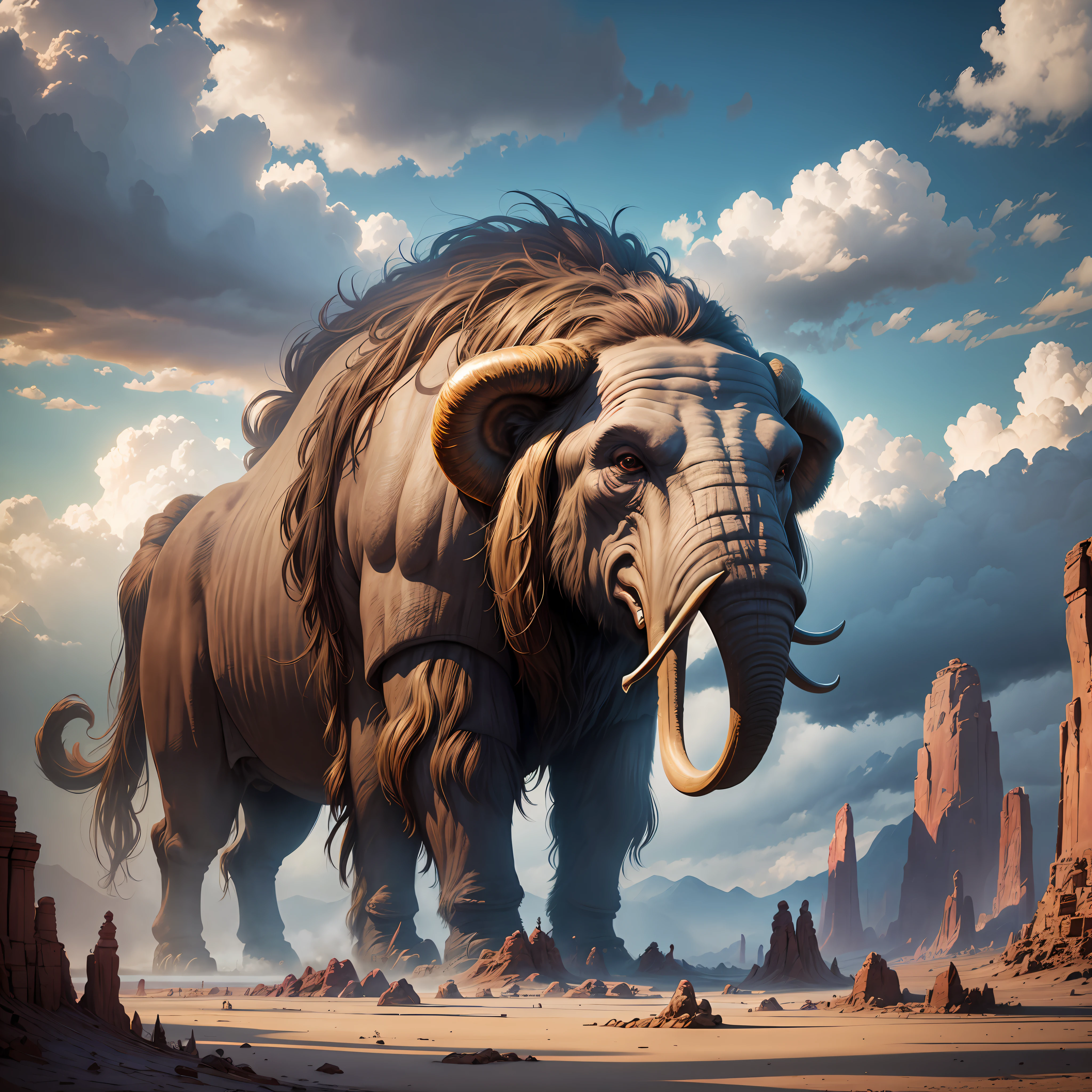 Giant mammoth in an epic and beautiful landscape, foto HDR, magical fantasy aesthetics, fotografia hiper realista, melhor qualidade, 12mm f/16, trending on Flickr --auto --s2