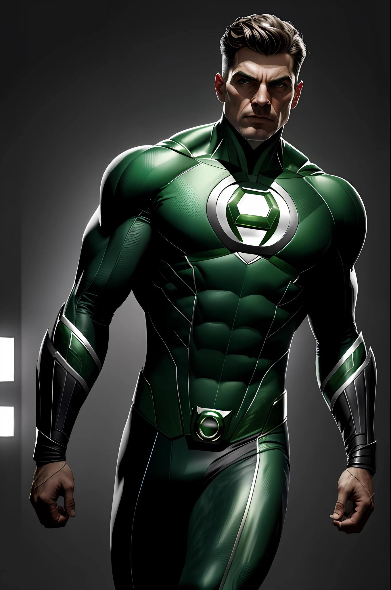 (8k, foto RAW, melhor qualidade, obra-prima: 1.2), ultra detalhado, arte oficial, foto-realista: 1.37, tiro na parte superior do corpo, DC Green Lantern, film grain, funny