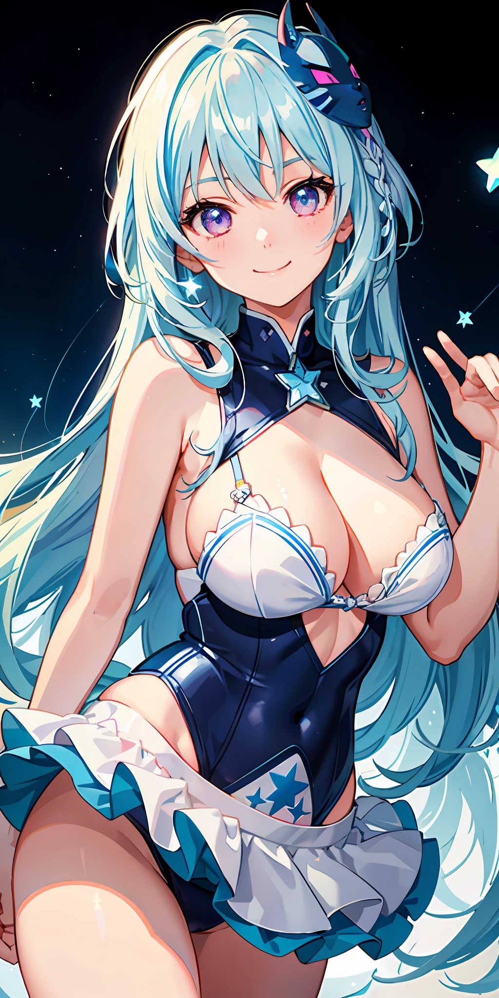 a 1girl、Bright、light blue hair、Star motif、multicoloured hair、pink eyes、Sareme、Mask on the head、Sidelight、Particles of light、wallpapers、Big Boobs、Idol、bswimsuit、Loose fluffy、quiet、smile face