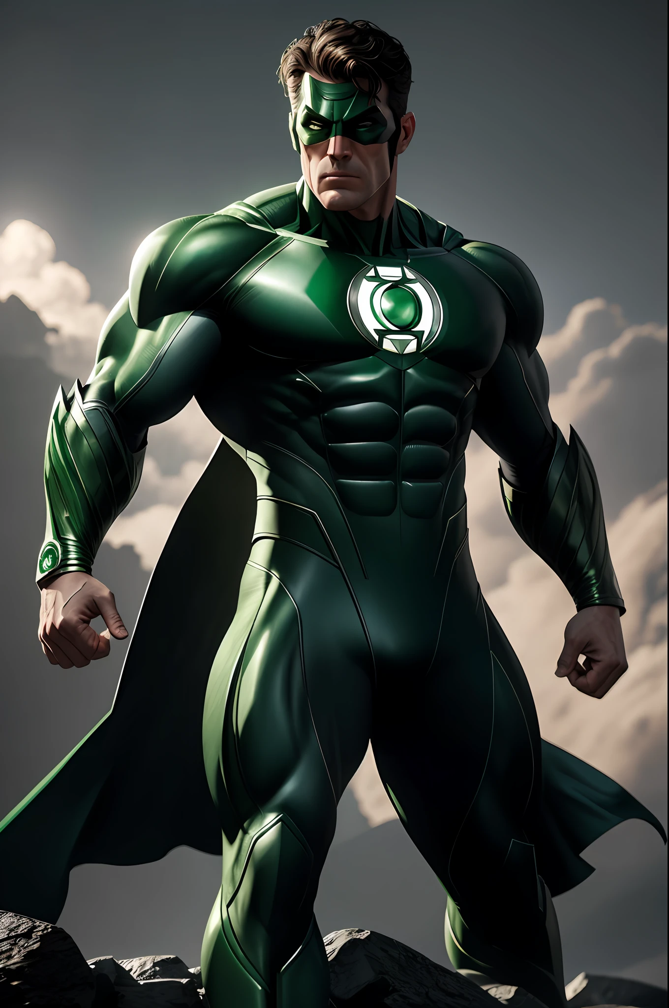 (8k, RAW photo, best quality, masterpiece:1.2), ultra detailed, official art, photo-realistic:1.37, upper body shot, DC Green Lantern, film grain, action pose
