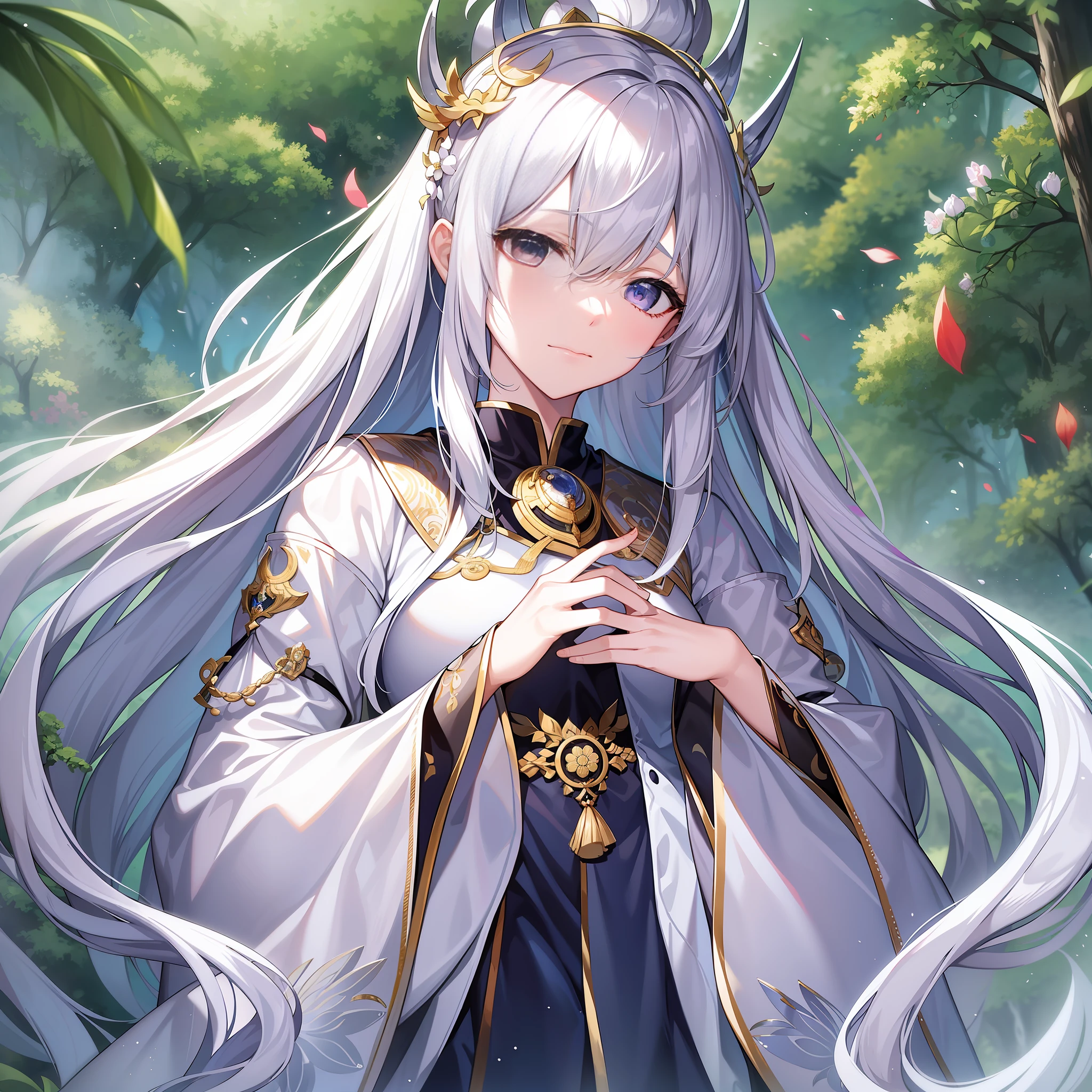 In this forest full of magic，A white-haired female emperor of the white fox tribe who is biting her finger appears in the center of the picture。

She wore a gorgeous white dress，Wear a sumptuous crown。She held a wand aloft，But he was a little upset and bit his index finger with his other hand，Frowning slightly，The gaze stared into the distance ahead。

The color tone of the whole picture is mainly white，It creates a fantastic atmosphere。The background is an exotic forest，The setting is peaceful and peaceful，But the female emperor's expression was very uneasy。

This female emperor through her expressions and body language，Exhibits a sense of self-control and anxiety。She was reluctant to let her emotions influence her demeanor and actions，But her fingers revealed her unease。She seemed to be thinking about something，But the difficulties she faced seemed to make her feel very troubled and irritated。

The whole picture conveys an atmosphere of mystery and dreaminess，It also shows the vulnerability and effort that women politicians face in such a stressful situation。The emperor makes viewers feel her loneliness as a ruler、Boring，At the same time, it also shows that she is in power at the same time，The costs and challenges involved。