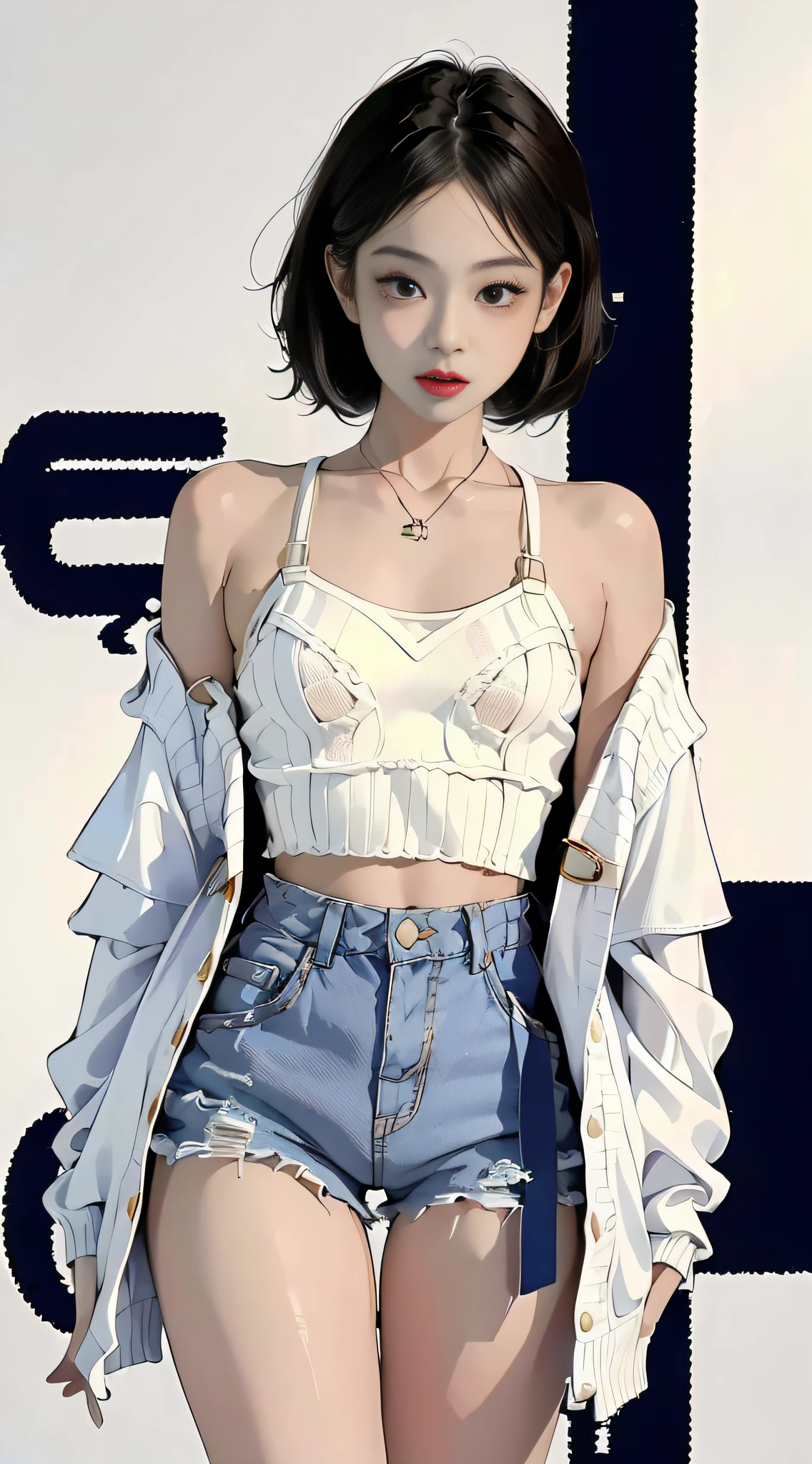 (1 girl one girl:1 girl Girl.3 girls), solo,_Kim Ji-ni Jennie face,Wear a knitted cardigan,,White bandeau underneath,open waist,dilapidation,Short model,village,blue shorts,sex appeal,cuteness,white legwear,White background,