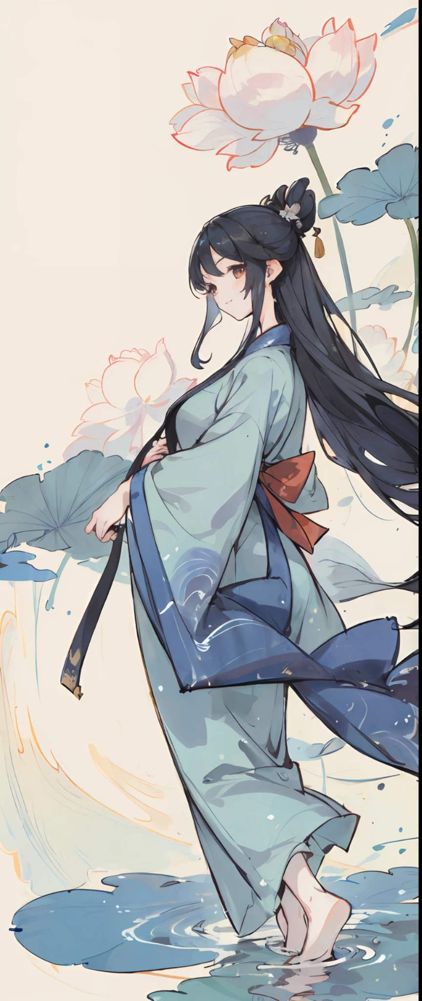 ((4k,masterpiece,best quality)), shuimobysim, traditional chinese ink painting, lotus, hanfu, maxiskit, dress conservatively 1girl, solo, long blue hair, smile, standing, feet in the water, barefoot,