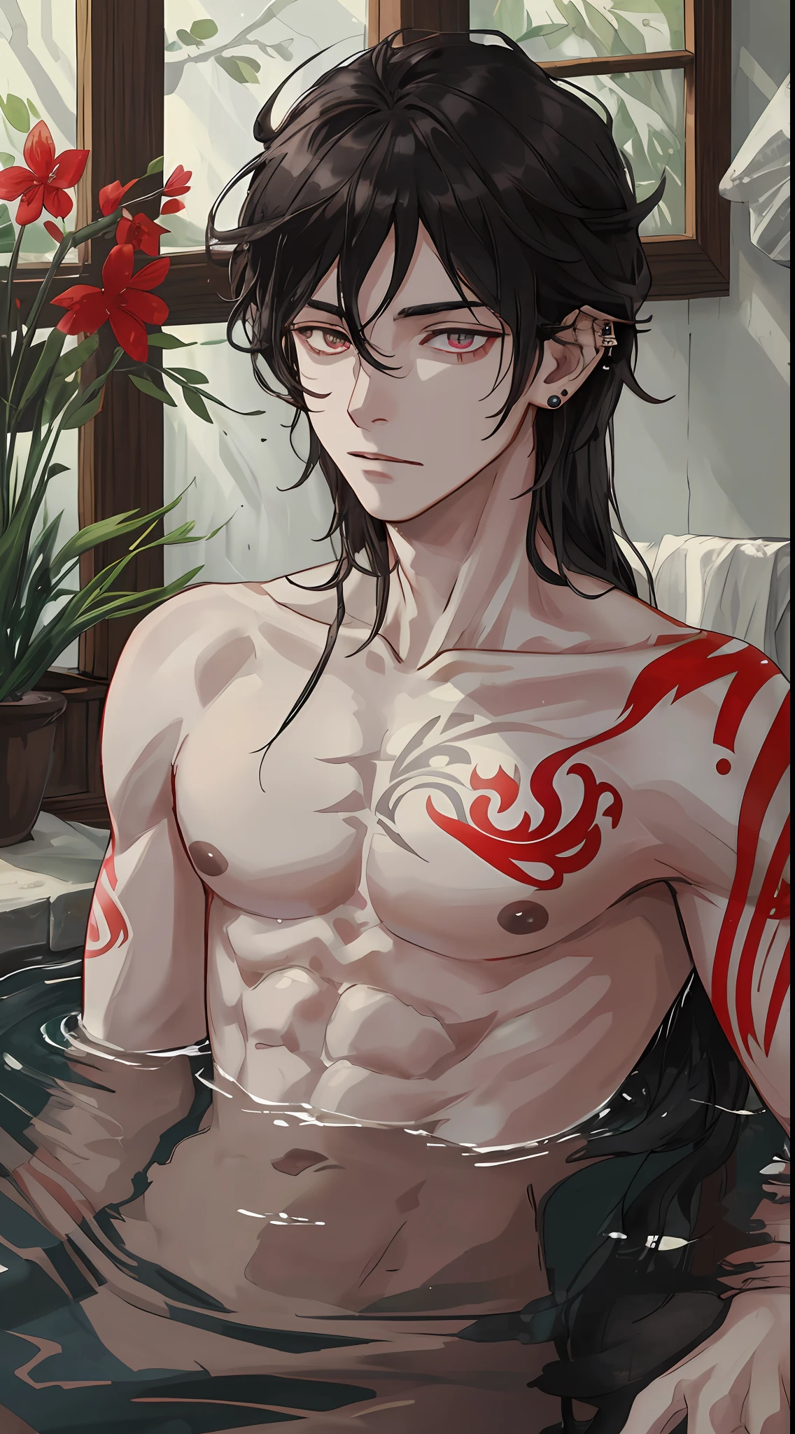 (((8k, photo in RAW format, Best Quality, masterwork: 1.4))), Super High Resolution, super detailed, Hot Spring, 1man, beautiful man, red eyes, (Detailed eyes, Bright eyes:1.2), black medium-length hair, wet hair, drops of water on the body, elf, pale colored skin, Ear piercings, Athletic body, inflated press, (Perfect anatomy:1.2), High quality shadows, natural lighting, (White glare:1.2), (tattoo on the neck)
