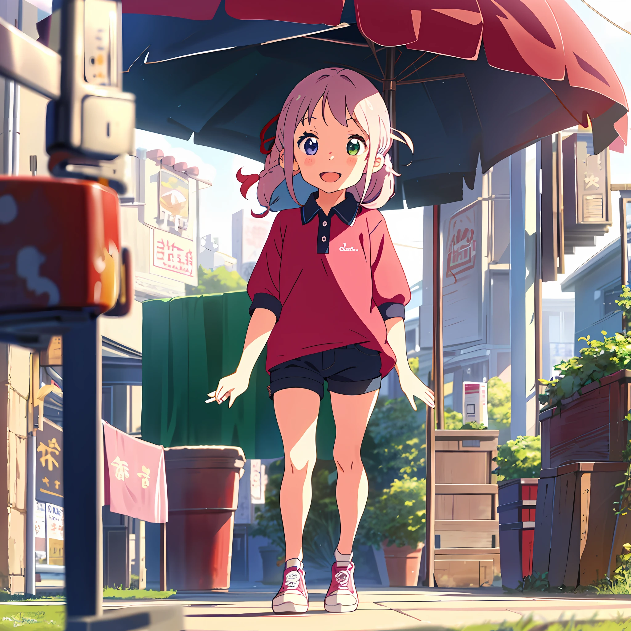 1 girl, (Heterochromia, Blue and Green Eyes: 1.8), Shining Eyes, (Illustration: 1.1), (Chibi: 1.5), (Masterpiece, Super Detail, Best Quality, 8K, Kyoto Animation Anime Illustration)), (Caregiver, 1 Cute Girl, Big, Solo, Upright, Peace, Watch Viewer, Full Body, Front, Cute Open Mouth, Happy Smile: 1.3), (: 1.2), (cute: 1.5), (red short-sleeved polo shirt and black tight long pants, long heat tech inner shirt: 1.5), (footwear: sneakers), (pale pink hair, braid, long hair, cute ribbon: 1.1), thin eyebrows,