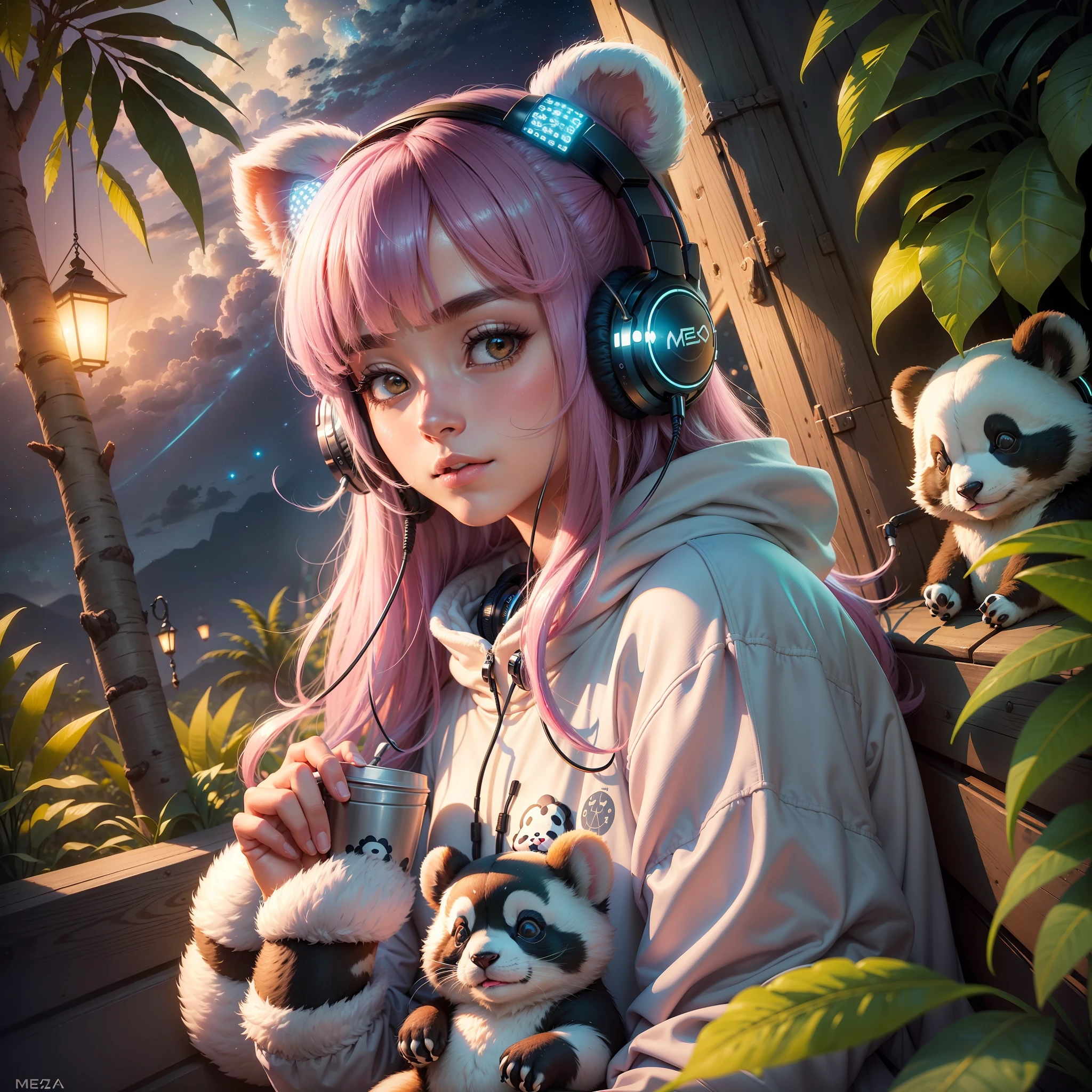 ((melhor qualidade)) um panda (animal) detailed with a cute sweatshirt and headphones in a fantastic setting, hipnotizantes raios de sol refletindo na grama, a treehouse and strands of lights filling the sky with glow, vivid colors and subtle details