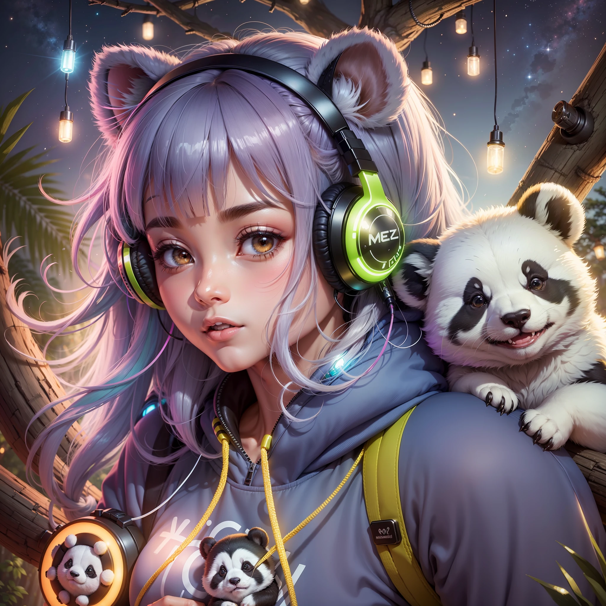((melhor qualidade)) um panda (animal) detailed with a cute sweatshirt and headphones in a fantastic setting, hipnotizantes raios de sol refletindo na grama, a treehouse and strands of lights filling the sky with glow, vivid colors and subtle details