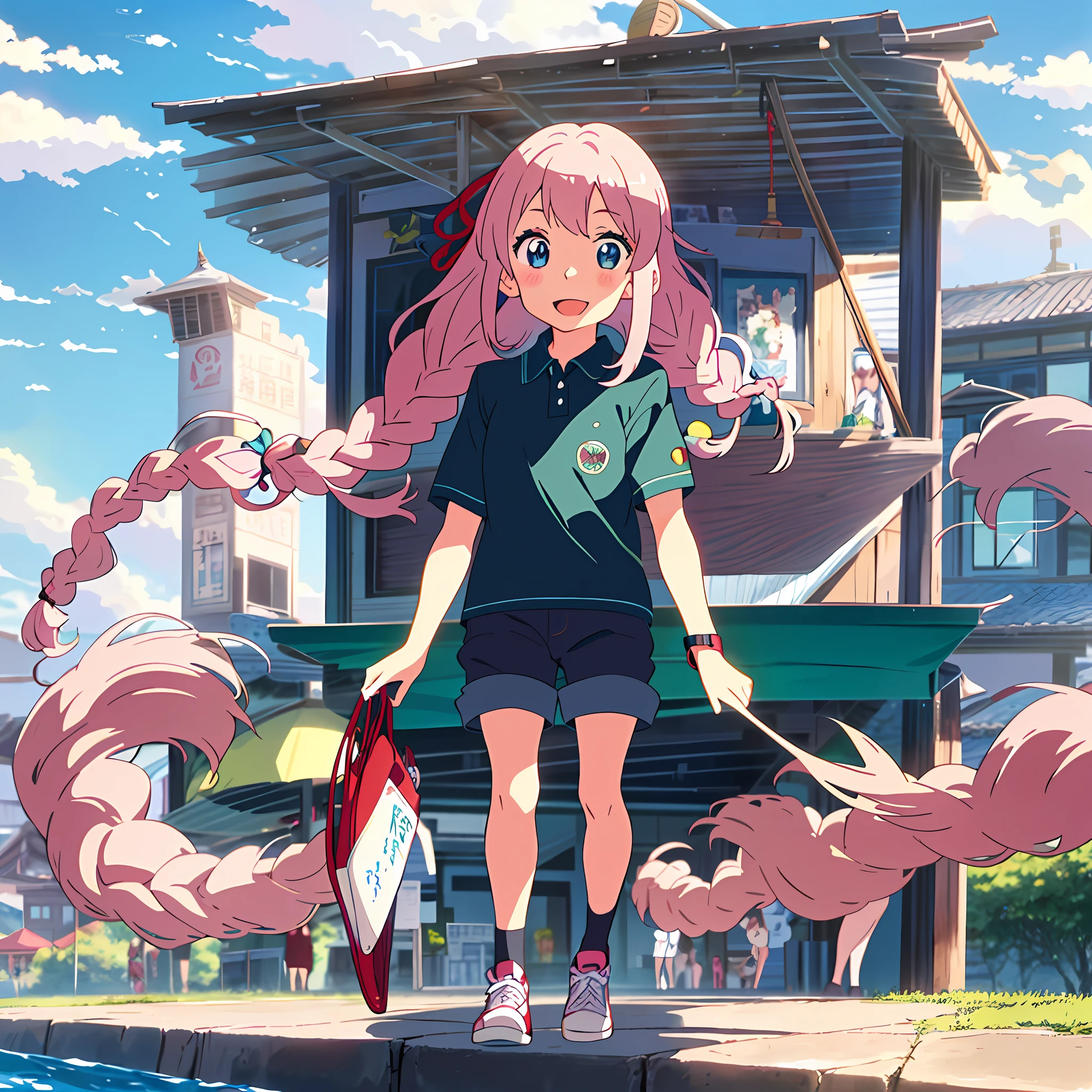 1 girl, (Heterochromia, Blue and Green Eyes: 1.8), Shining Eyes, (Illustration: 1.1), (Chibi: 1.5), (Masterpiece, Super Detail, Best Quality, 8K, Kyoto Animation Anime Illustration)), (Caregiver, 1 Cute Girl, Big, Solo, Upright, Peace, Watch Viewer, Full Body, Front, Cute Open Mouth, Happy Smile: 1.3), (: 1.2), (cute: 1.5), (red short-sleeved polo shirt and black tight long pants, long heat tech inner shirt: 1.5), (footwear: sneakers), (pale pink hair, braid, long hair, cute ribbon: 1.1), thin eyebrows,