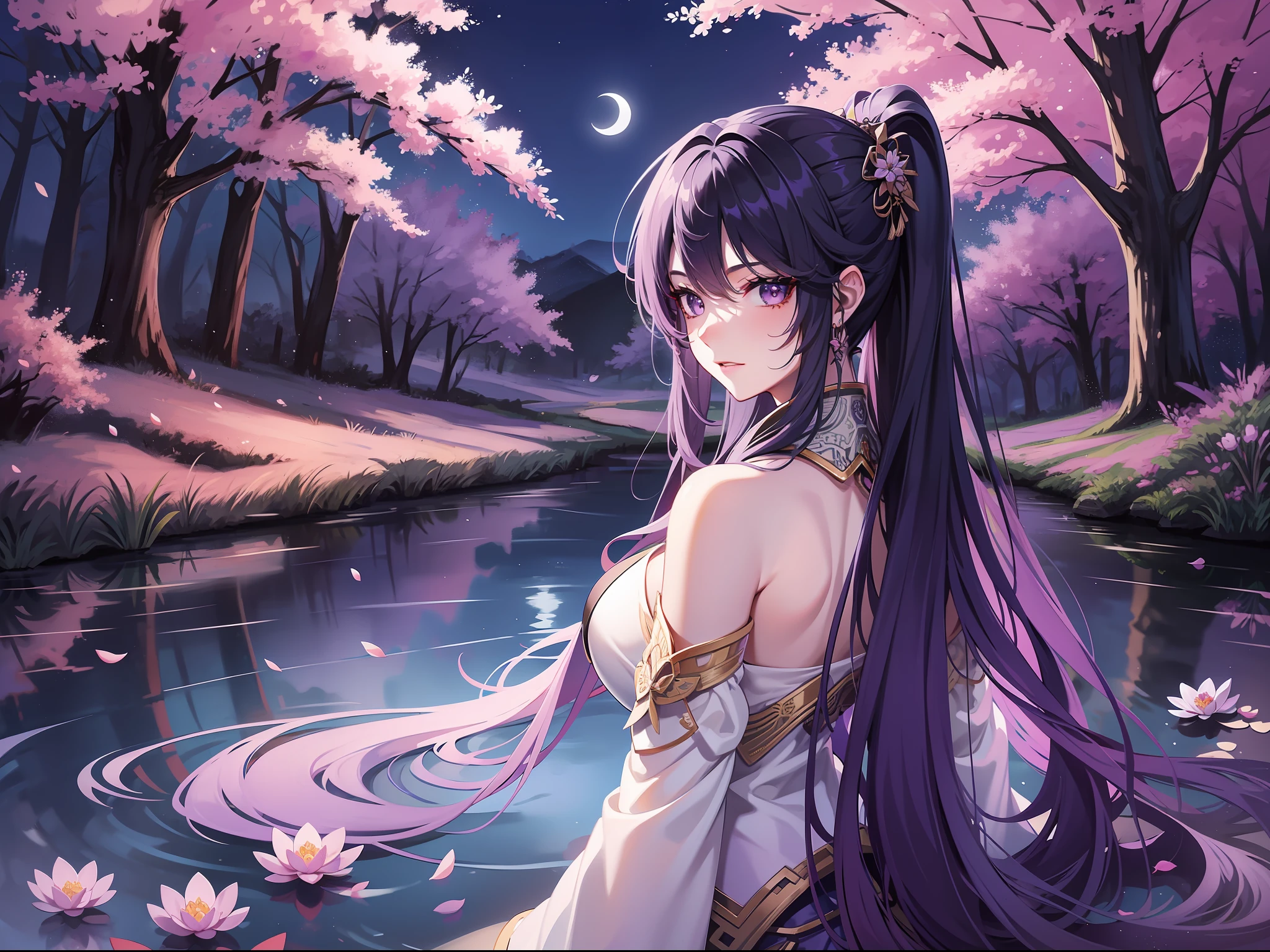 solo, beautiful female, wuxiaworld, Ancient Chinese Articles of Clothing, ancient customs, wind blow, blossom, pond, night, moon relection in the pond, blue hair, purple hair, ponytail, long hair, lonely, gradient hair, black hair, silver hair, long hair, ray tracing, reflection light, depth of field, multiple views, from behind, panorama, masterpiece, best quality, high details, high quality, ccurate, textured skin, UHD