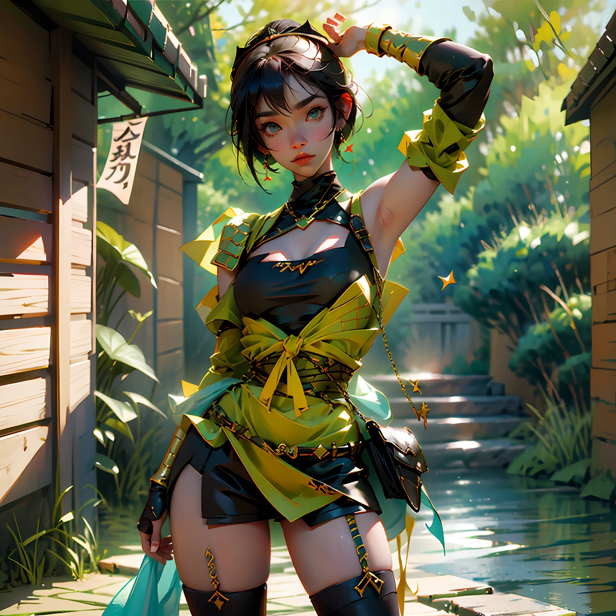 Final Fantasy, Yuffie, Ninja, 1 Woman, Japan Person, full entire body, Cute, Short Hair, Adorable, Giant Shuriken, Yuffie Cosplay Costume, Realistic, --auto --s2