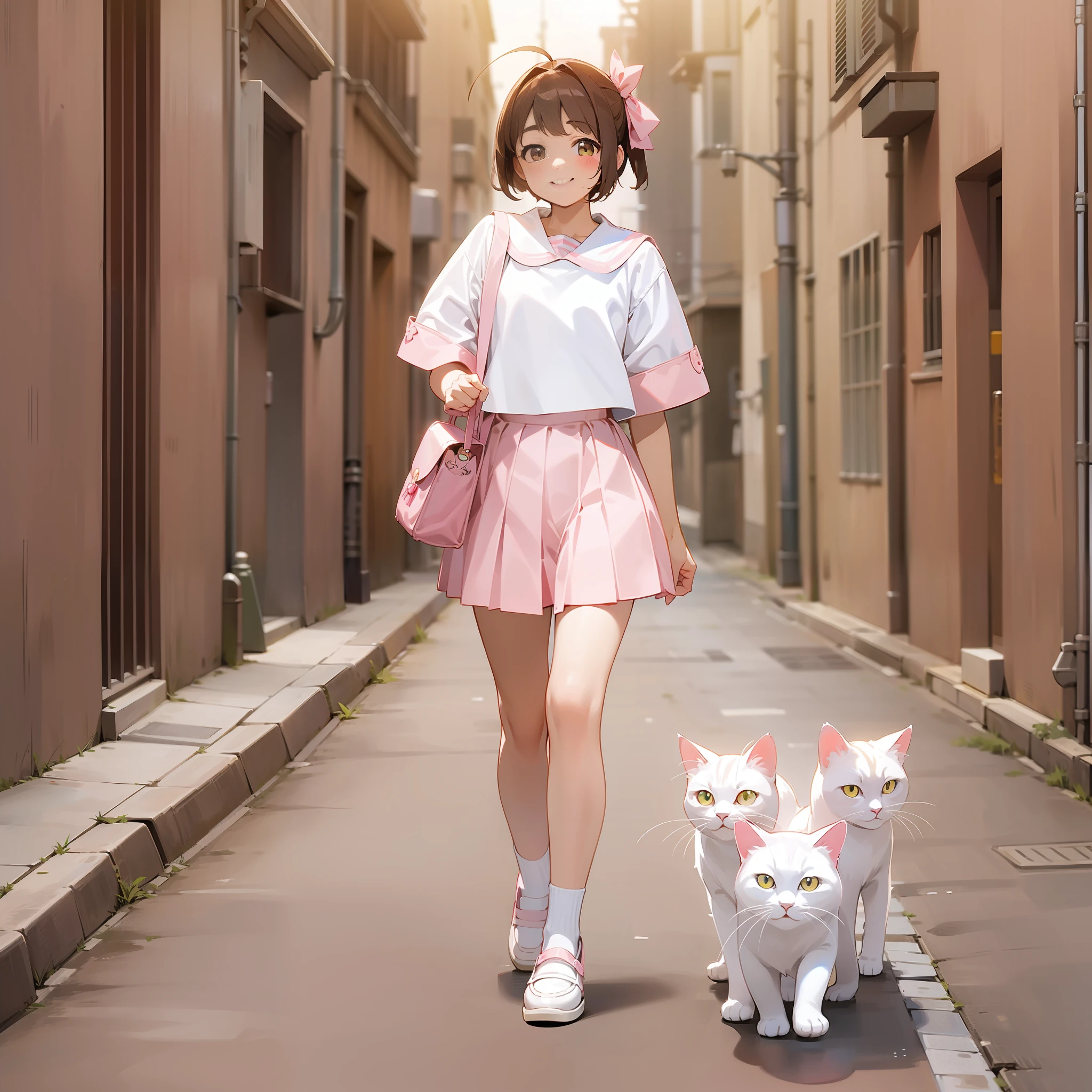 high school girls、luna、smiling smile、Back Alley、Backlighting、Brown hair、short bob、Ahoge、Pink sailor suit、bag、City lights、White cat walking、White leather shoes
