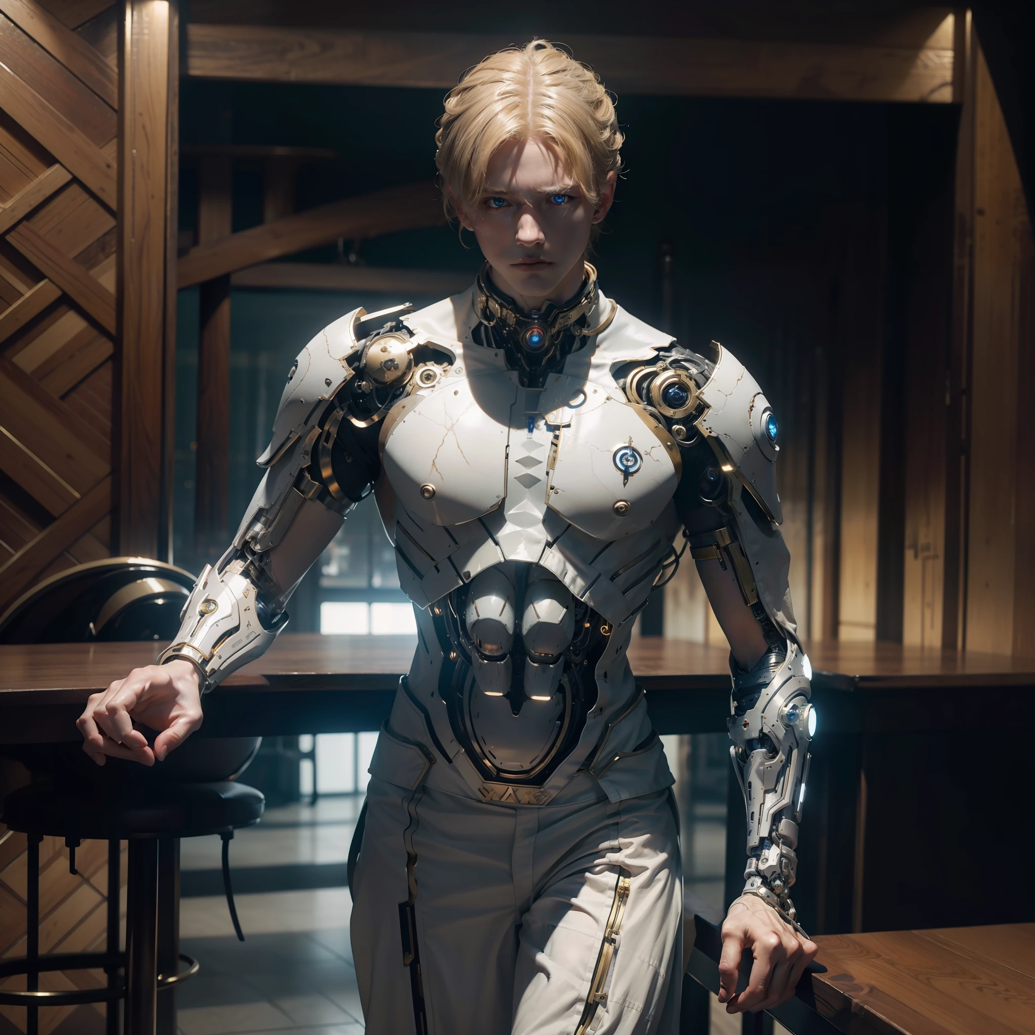 best quality,masterpiece,photorealistic,extremely detailed CG unity 8k wallpaper,1boy(The boy has blonde glowing eyes, blond hair, and white skin), dramatic lighting, cyborg, biomechanical, big muscle,looking at viewer with power eyes, at the bar.