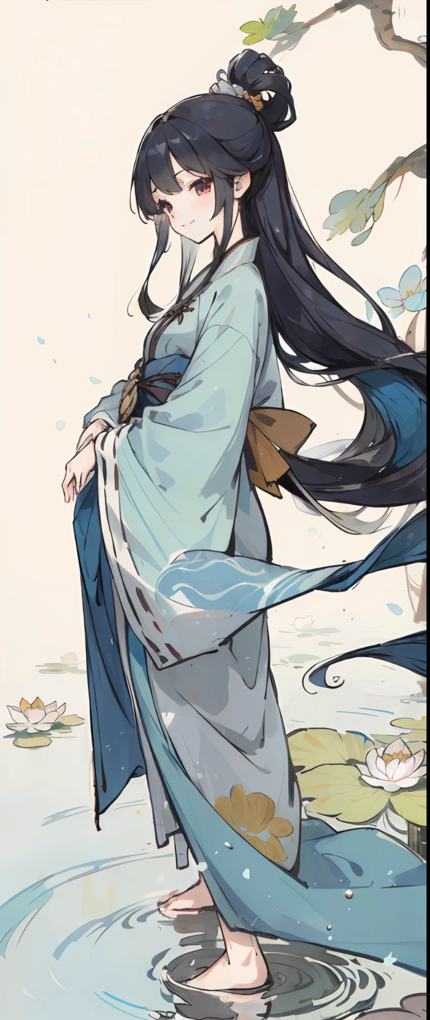 ((4k,masterpiece,best quality)), shuimobysim, traditional chinese ink painting, lotus, hanfu, maxiskit, dress conservatively 1girl, solo, long blue hair, smile, standing, feet in the water, barefoot,