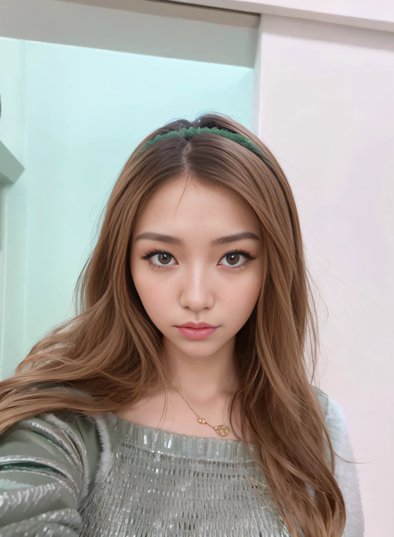 Long-haired Arad woman,Wears an emerald green top and a green headband, 8k selfie photograph, light green tone beautiful face, Young adorable Korean face, popular south korean makeup, Ulzzang, soft portrait shot 8 k, popular south korean makeup, 19-years old-old girl, headshot profile picture, young cute wan asian face, good young girl,cartoon avatar,Q version avatar